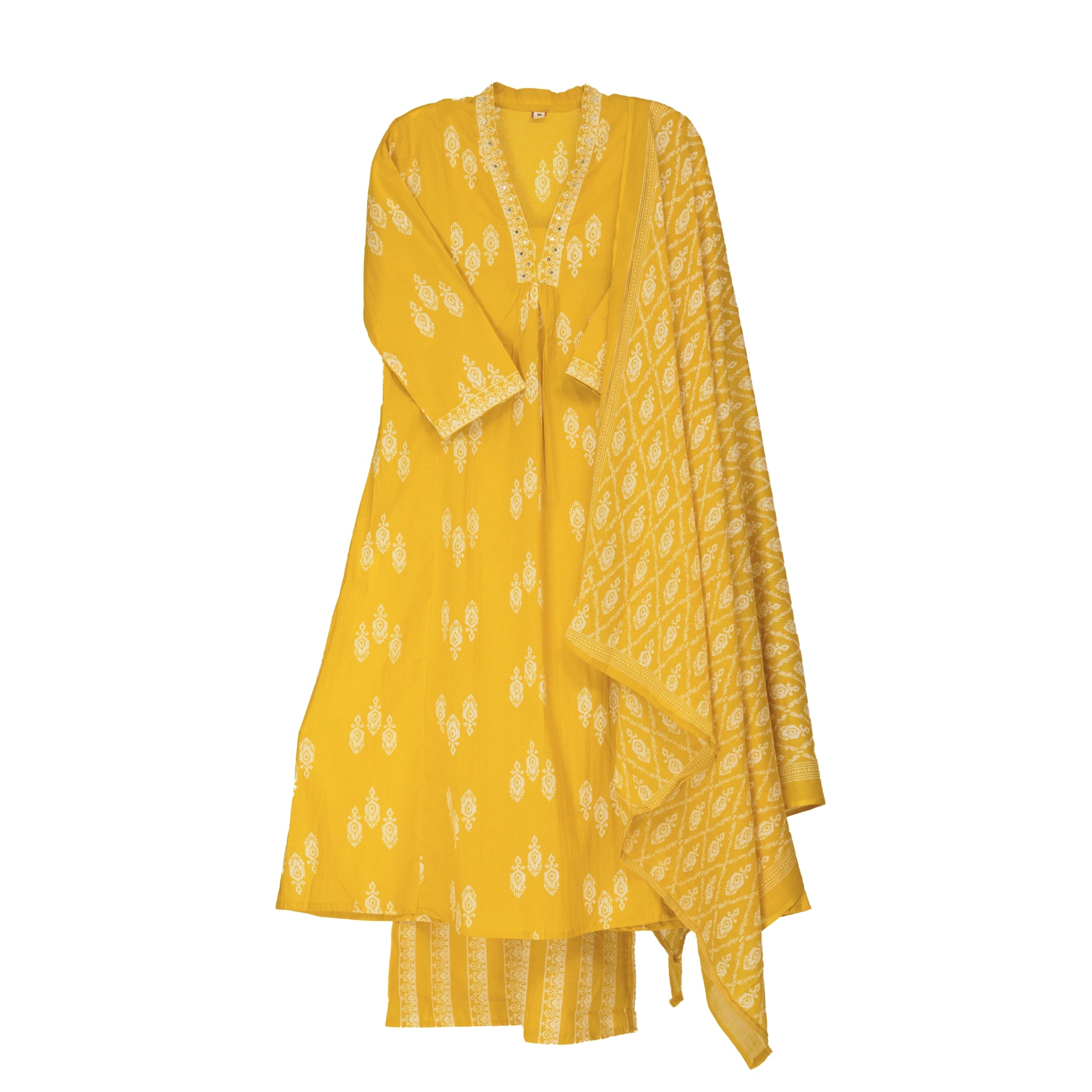 Mustard Yellow Hand Block Floral Print A-Line Kurta with Cotton Dupatta
