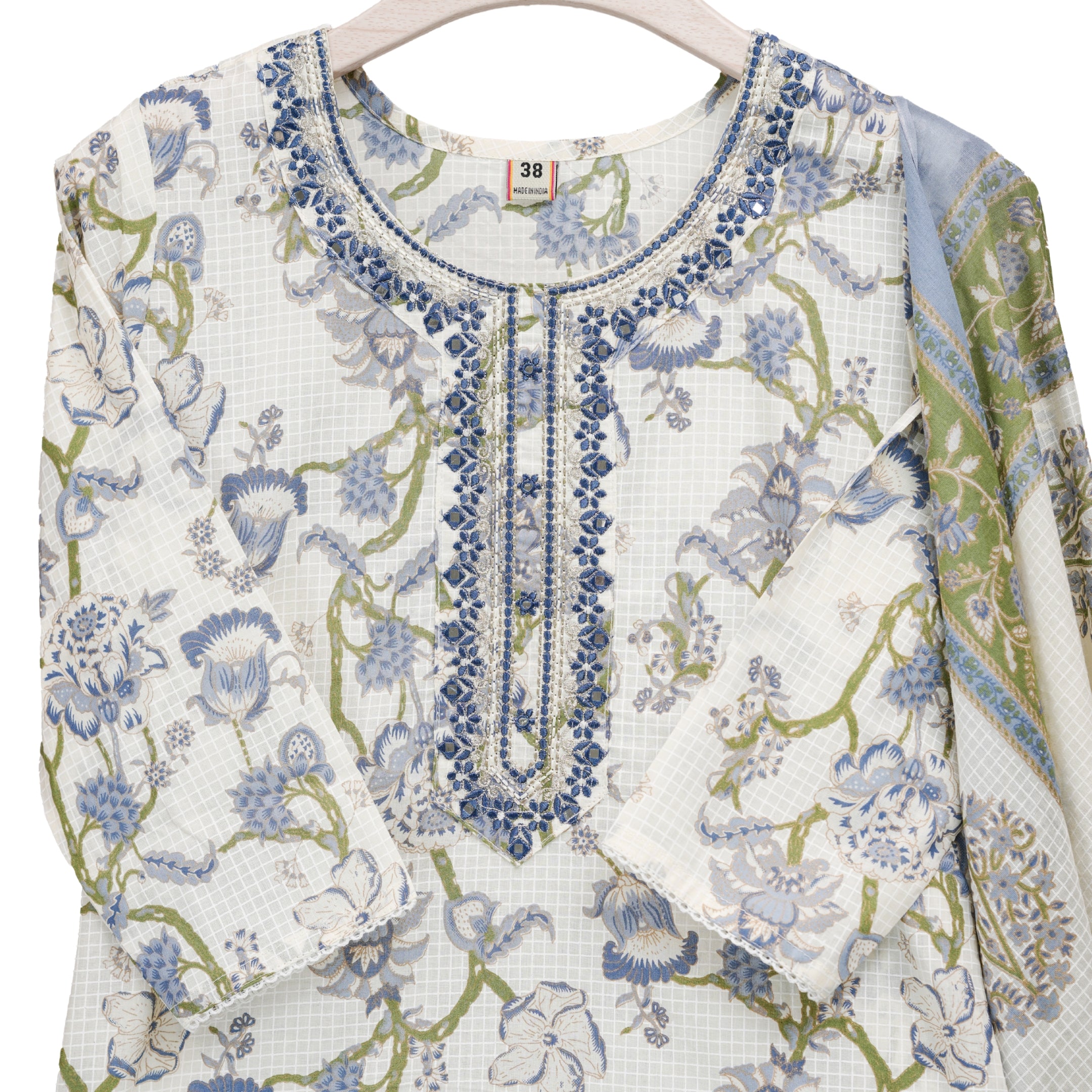 Off-White with Pastel Blue Floral Check Pattern Straight Suit Set with Cotton Dupatta