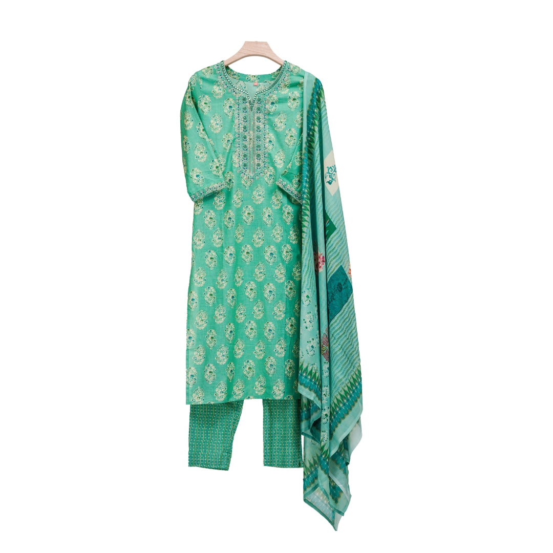 Mint Green Floral Motfits Straight Suit Set with Cotton Dupatta