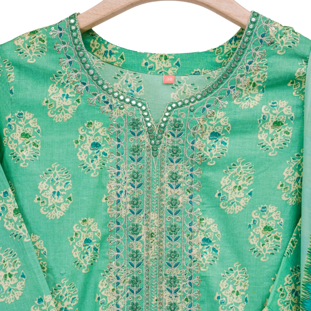 Mint Green Floral Motfits Straight Suit Set with Cotton Dupatta