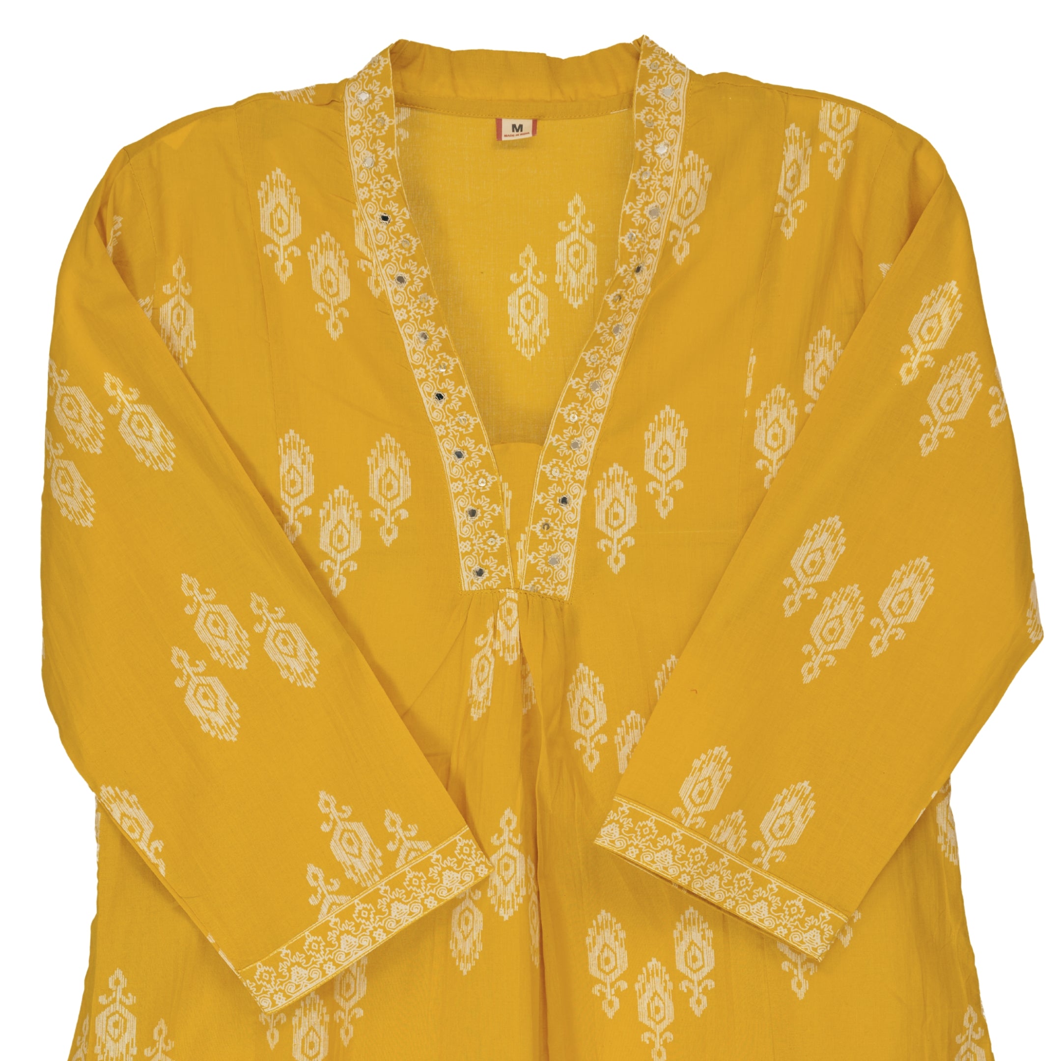 Mustard Yellow Hand Block Floral Print A-Line Kurta with Cotton Dupatta