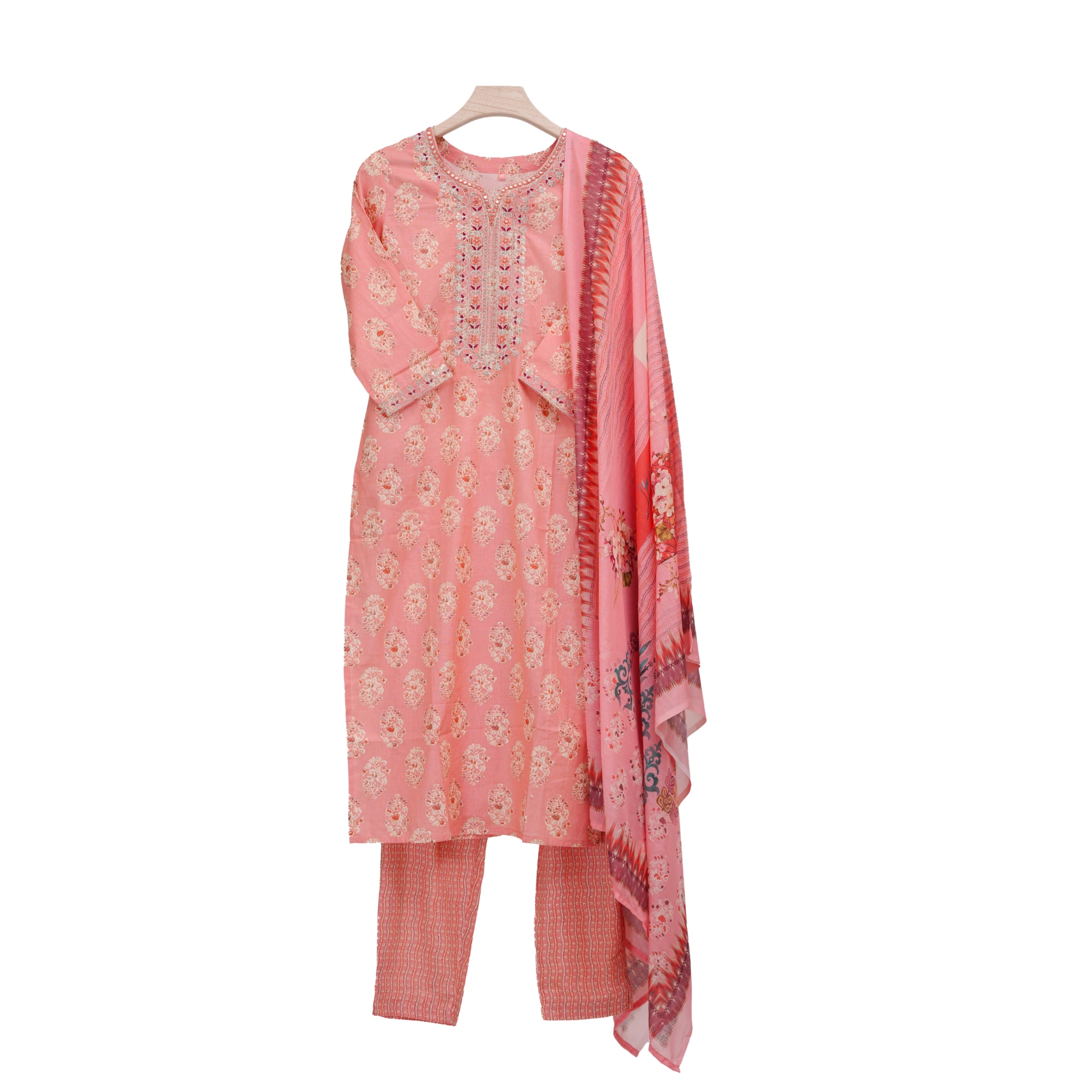 Peach Floral Motfits Straight Suit Set with Cotton Dupatta