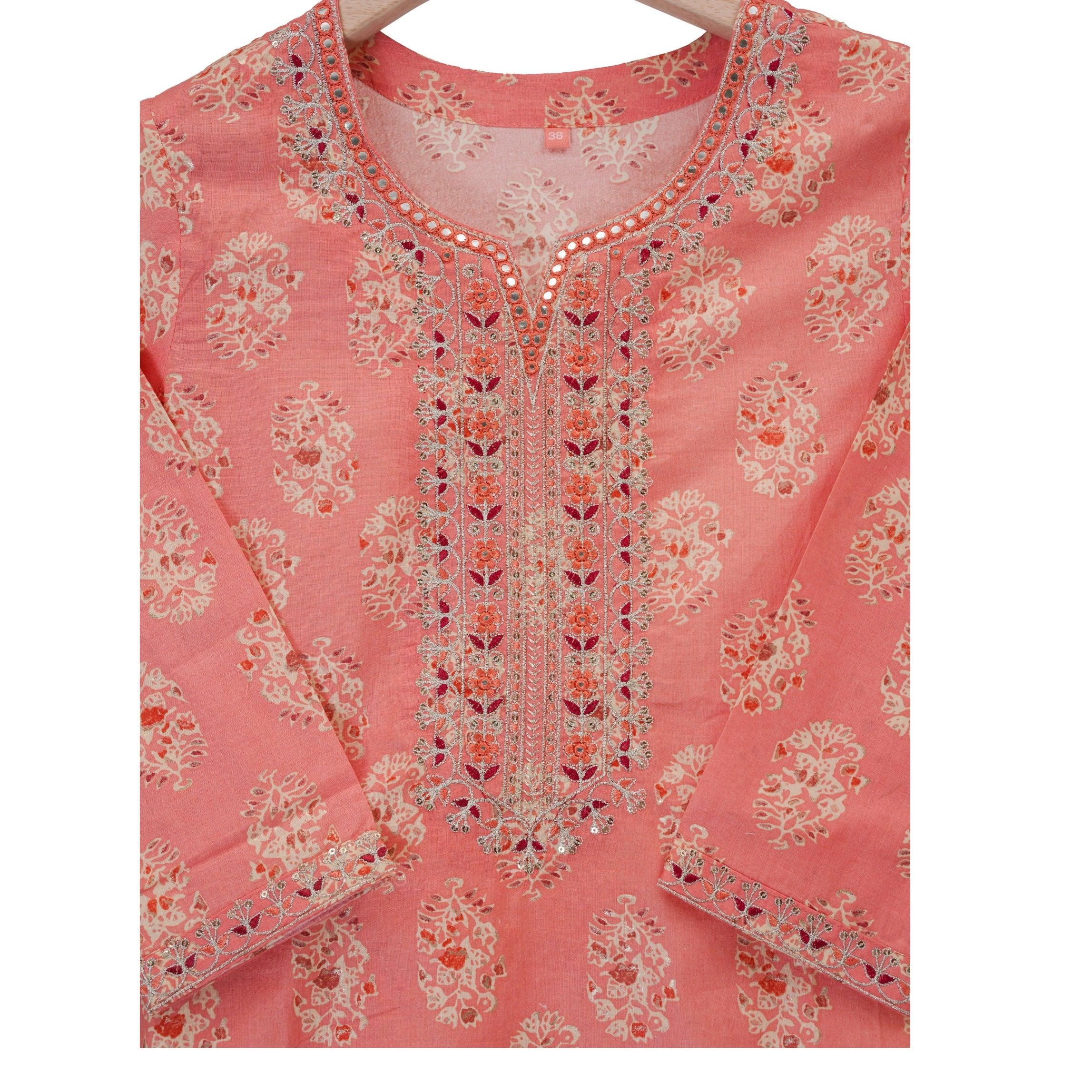 Peach Floral Motfits Straight Suit Set with Cotton Dupatta