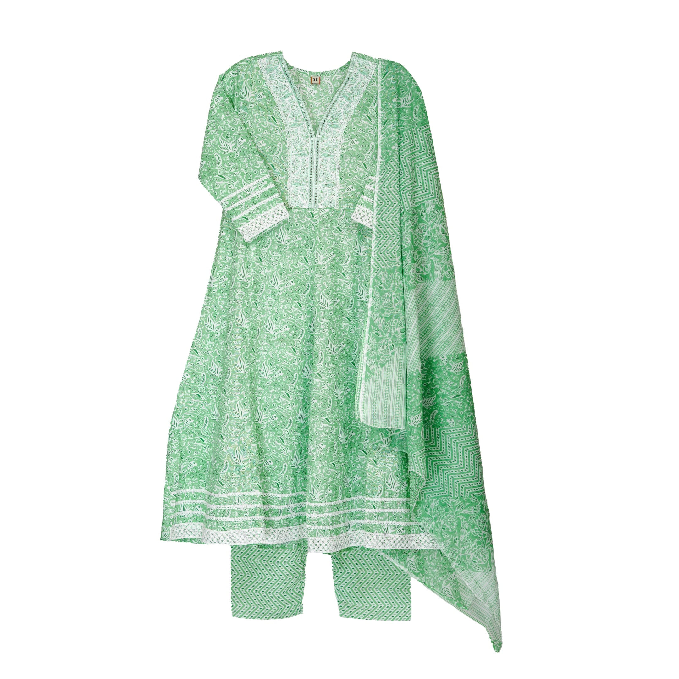 Mint Green Hand Block Floral Print Anarkali Kurta Suit Set with Cotton Dupatta