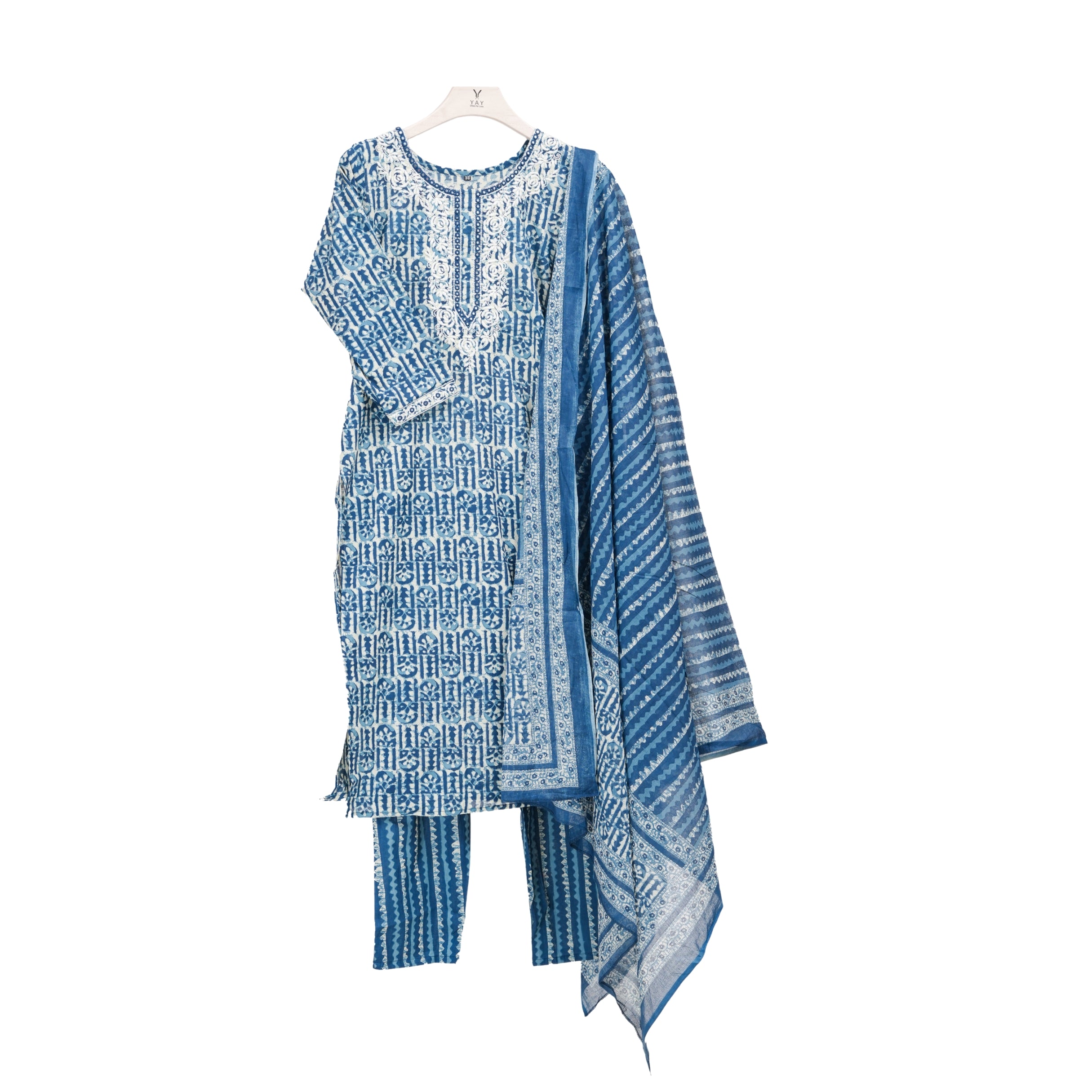 Classic Indigo Intricate block prints Straight Suit Set With Soft Cotton Dupatta