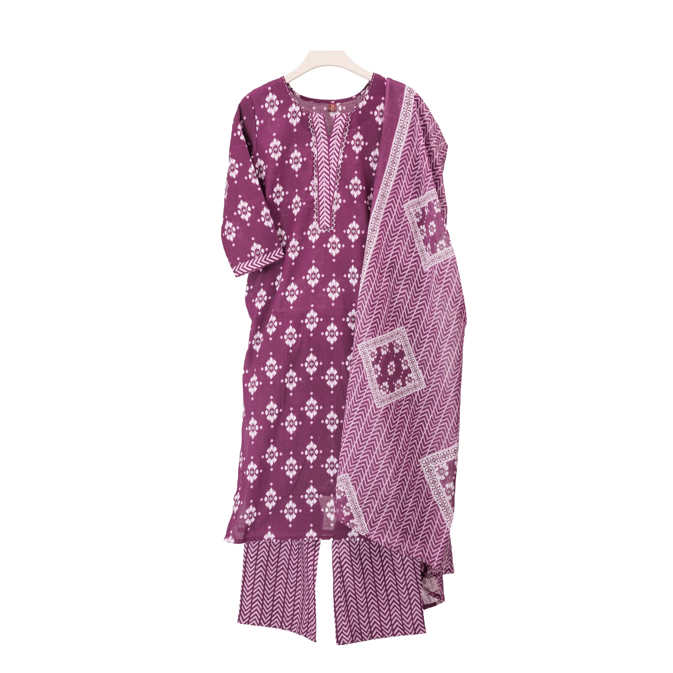 Maroon wih Pink Handblock print kurta Straight Suit set with Cotton Dupatta