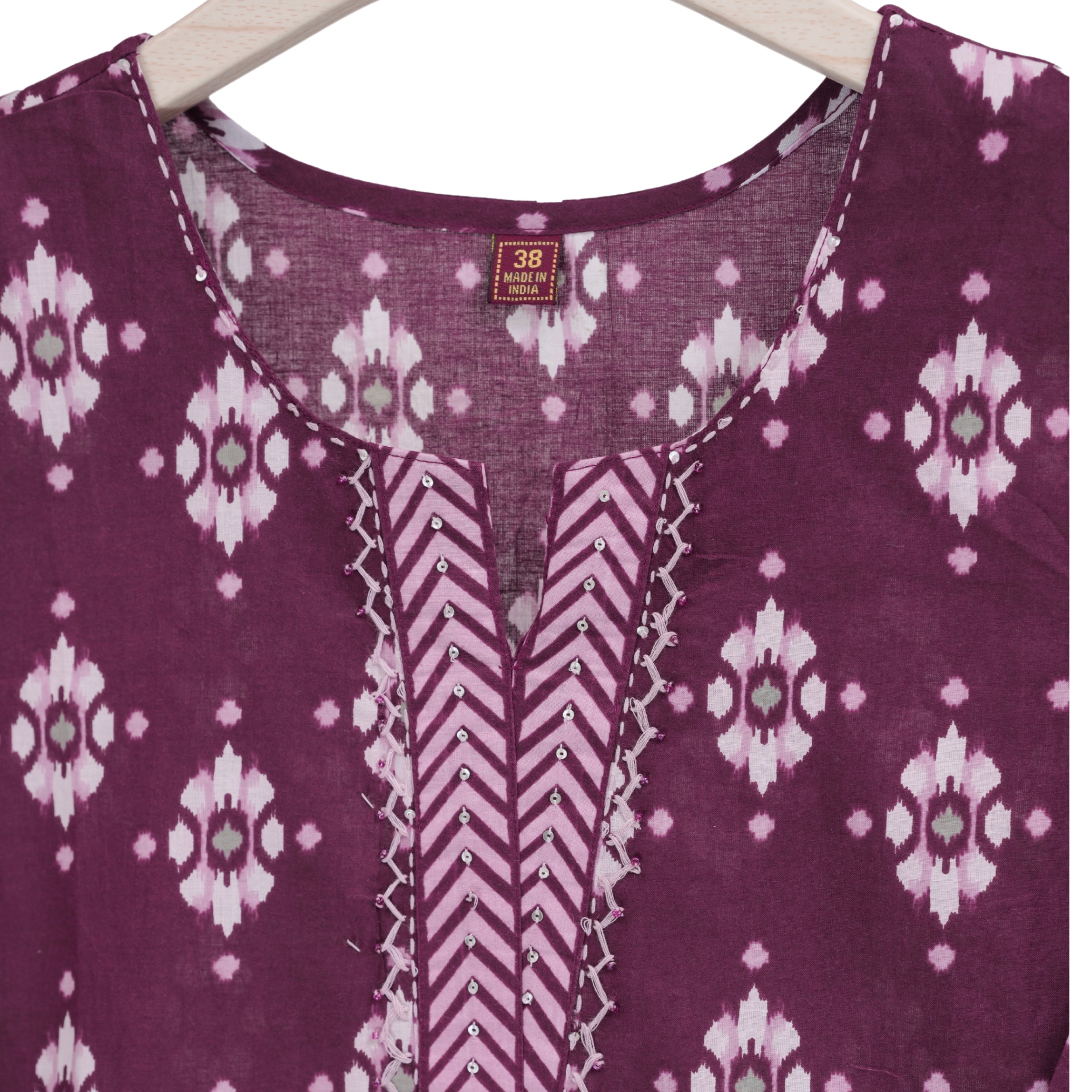 Maroon wih Pink Handblock print kurta Straight Suit set with Cotton Dupatta