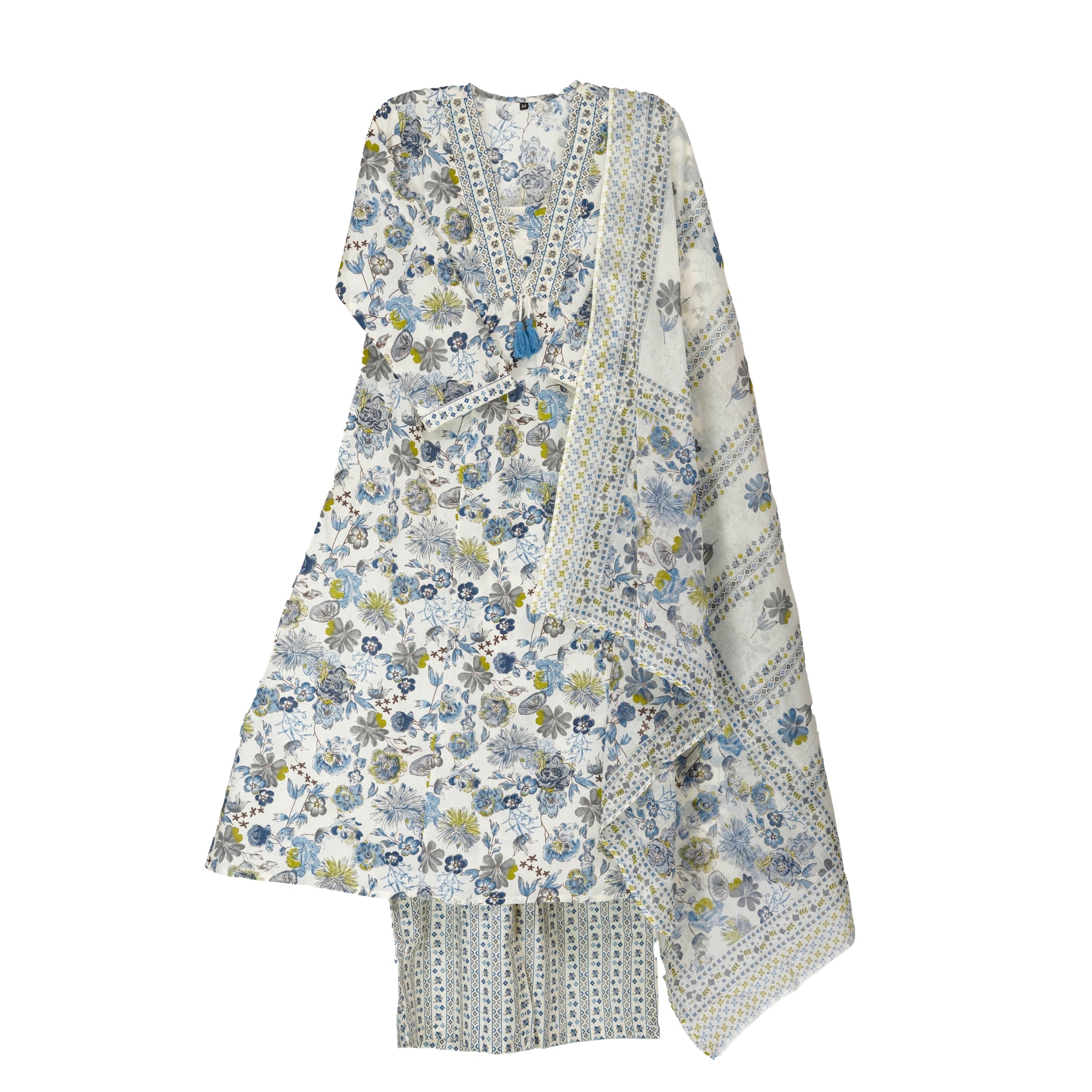Ivory Hand Block Floral Print A-Line Kurta with Lightweight Cotton Dupatta