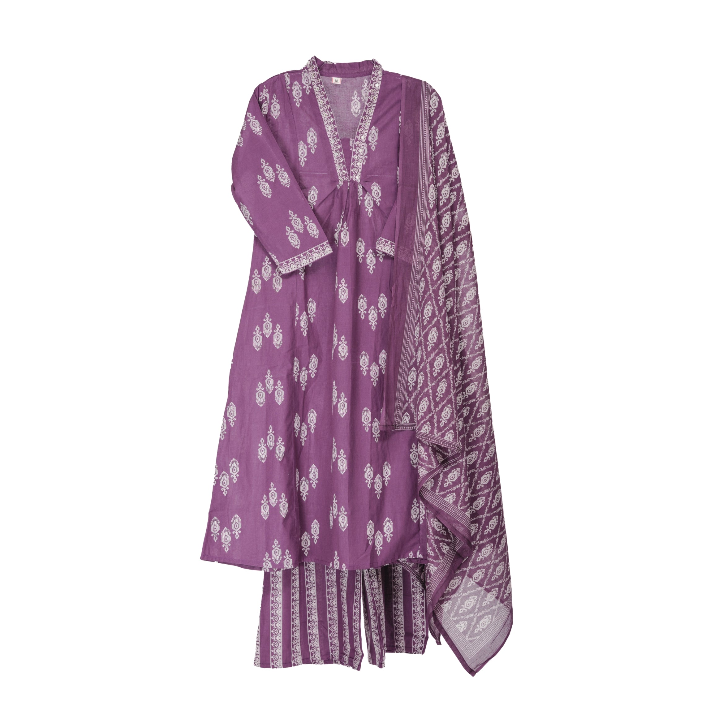 Deep Purple Hand Block Printed A-Line Kurta with Cotton Dupatta
