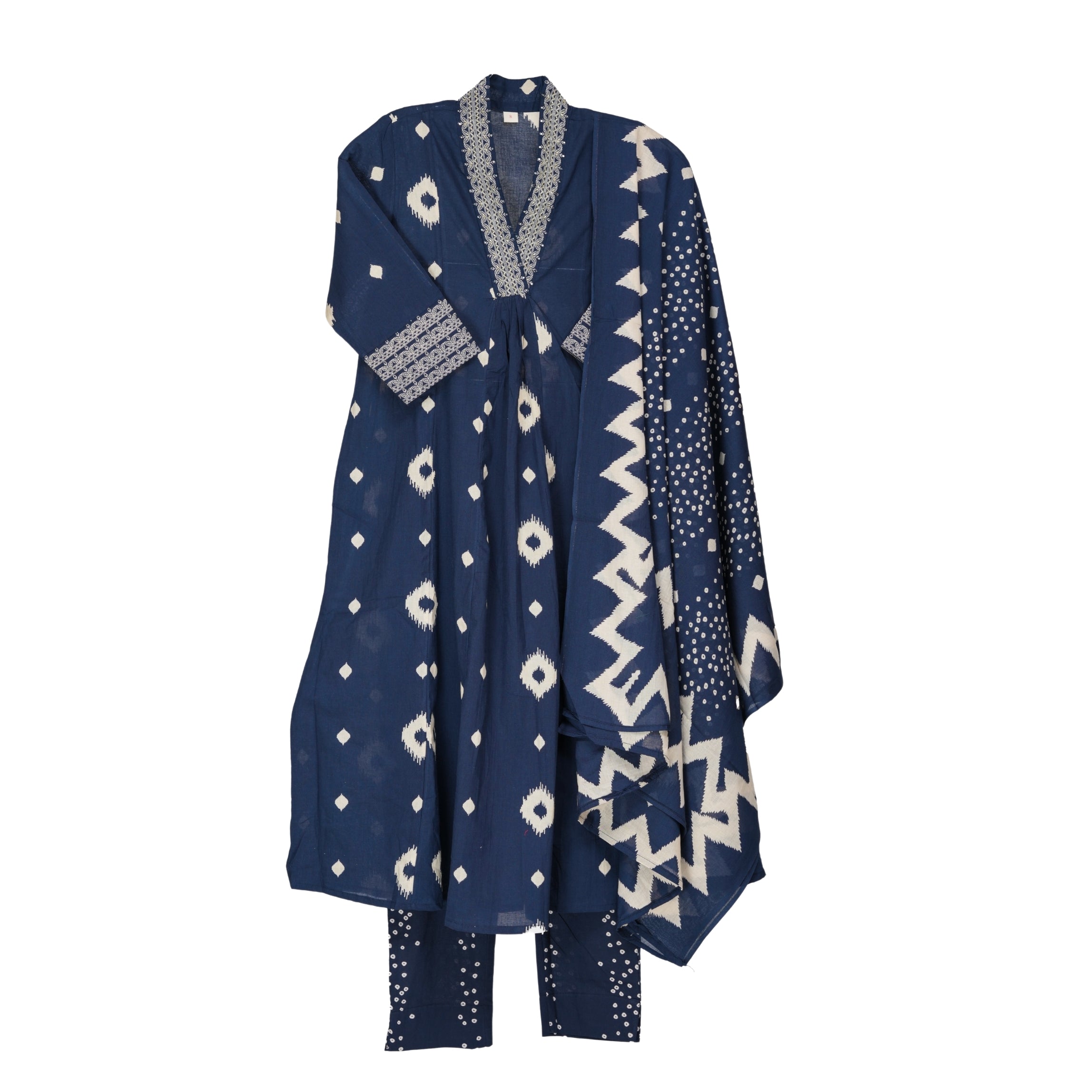 Midnight Navy & Ivory Hand Block Floral Print A-Line Kurta with Soft Cotton Dupatta