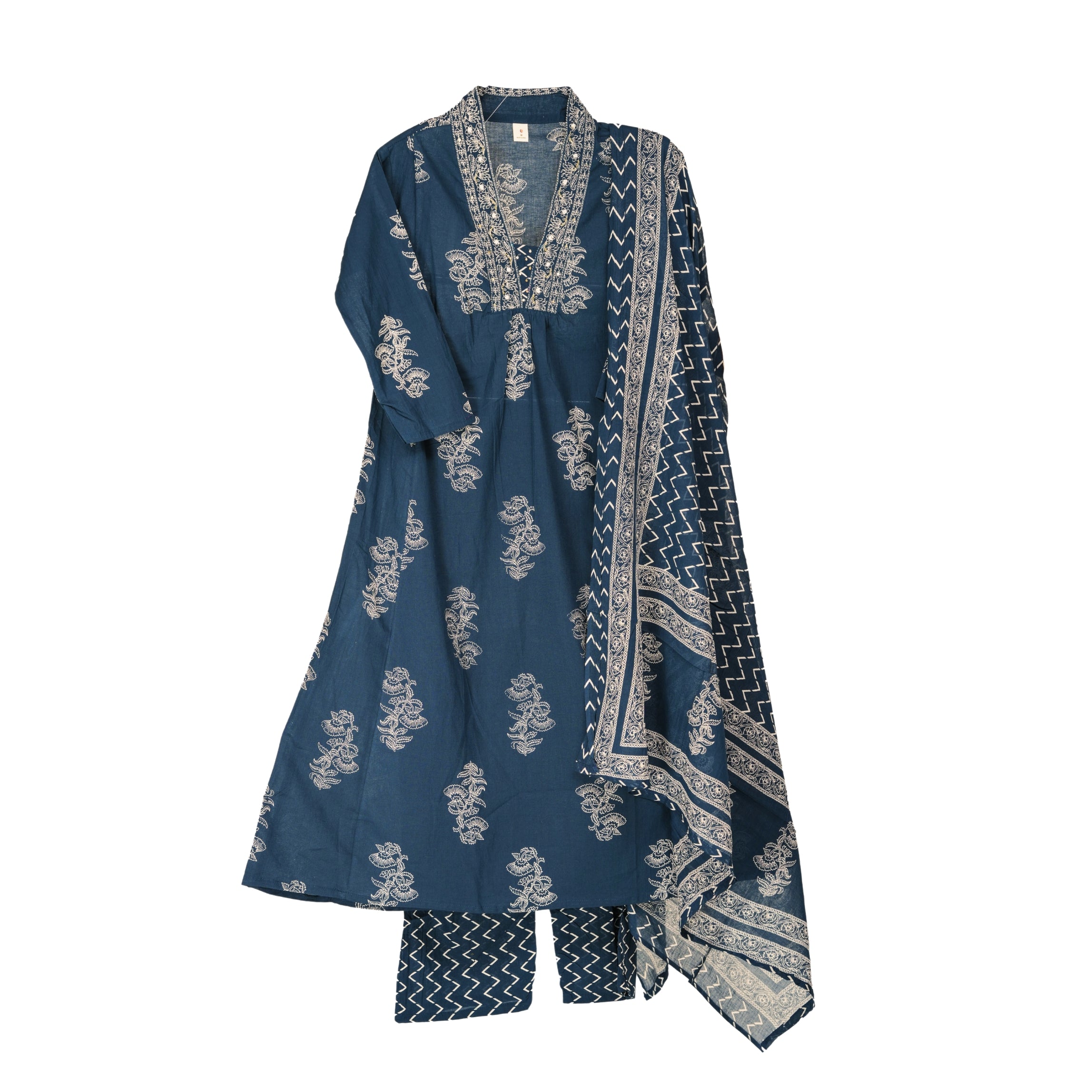 Ocean Teal Hand Block Floral Print A-Line Kurta with White Thread Embroidery & Cotton Dupatta