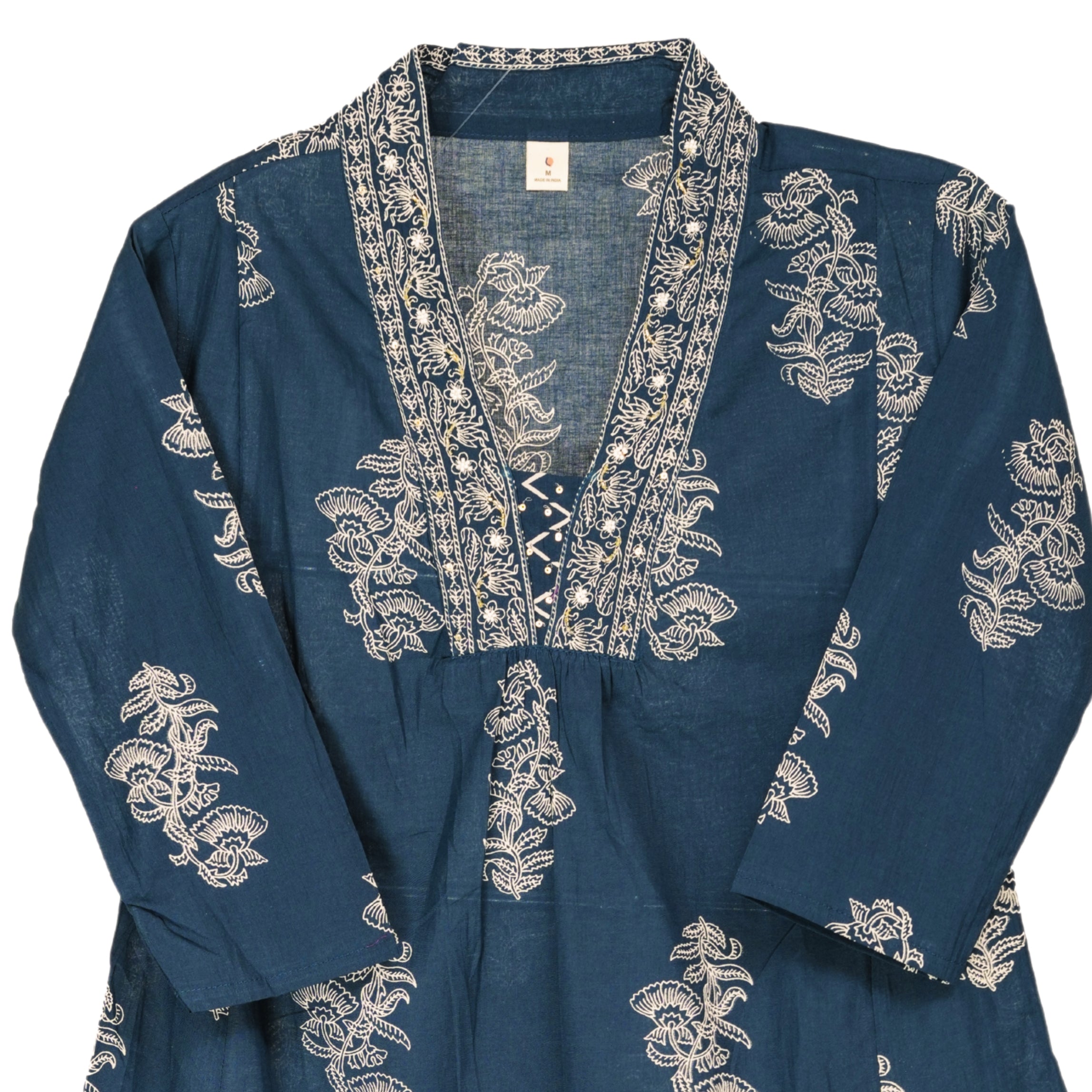 Ocean Teal Hand Block Floral Print A-Line Kurta with White Thread Embroidery & Cotton Dupatta