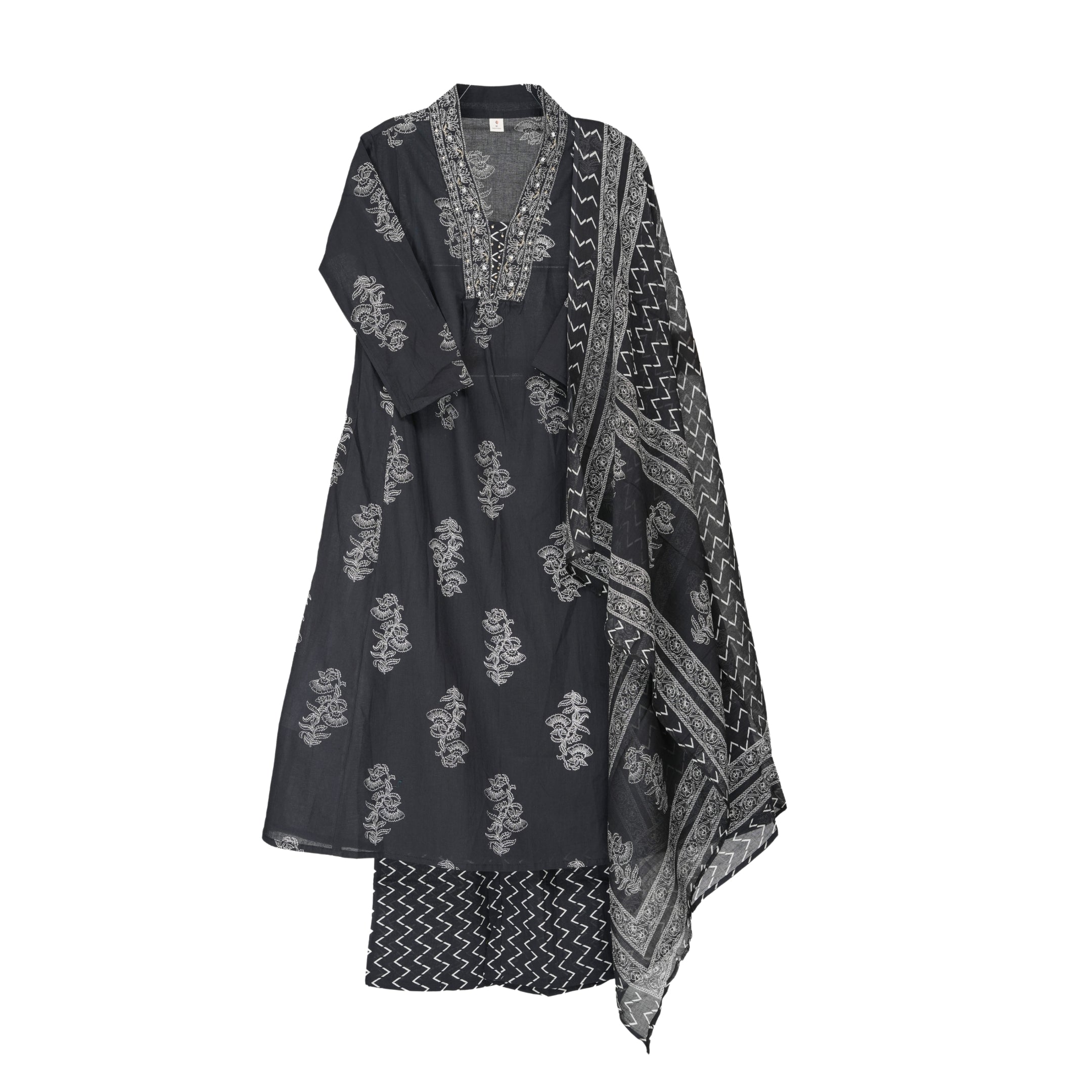 Midnight Black Hand Block Floral Print A-Line Kurta with White Handblock Print & Cotton Dupatta