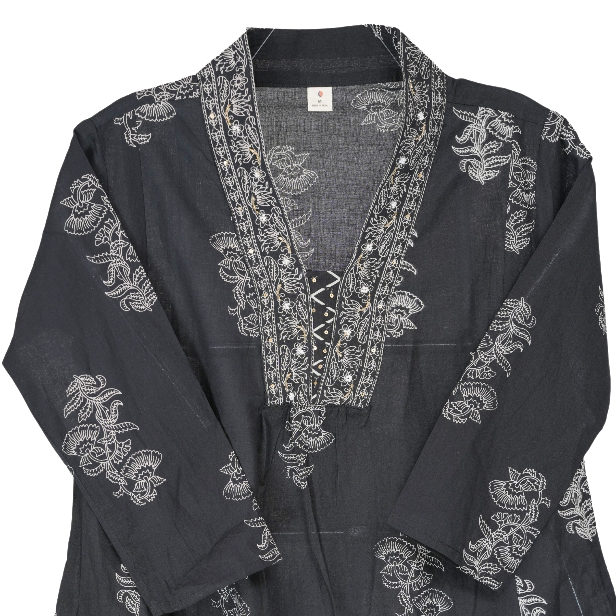 Midnight Black Hand Block Floral Print A-Line Kurta with White Handblock Print & Cotton Dupatta