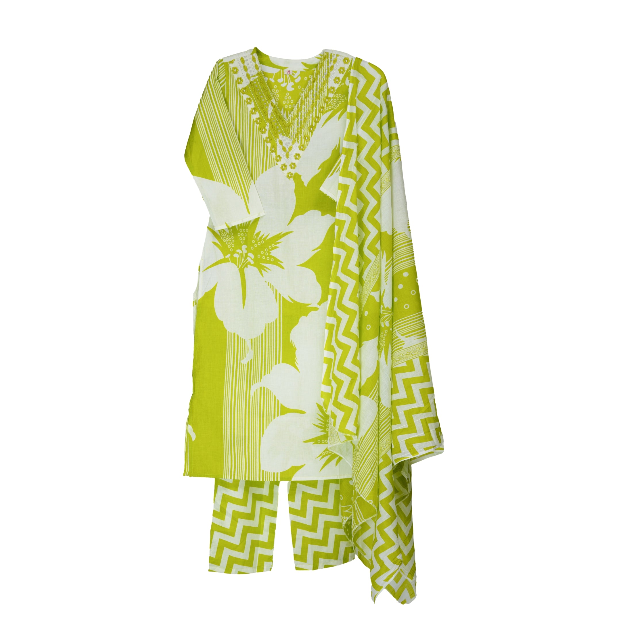 Vibrant Lime Green and White Handblock Floral Straight Suit Set with Soft cotton Dupatta