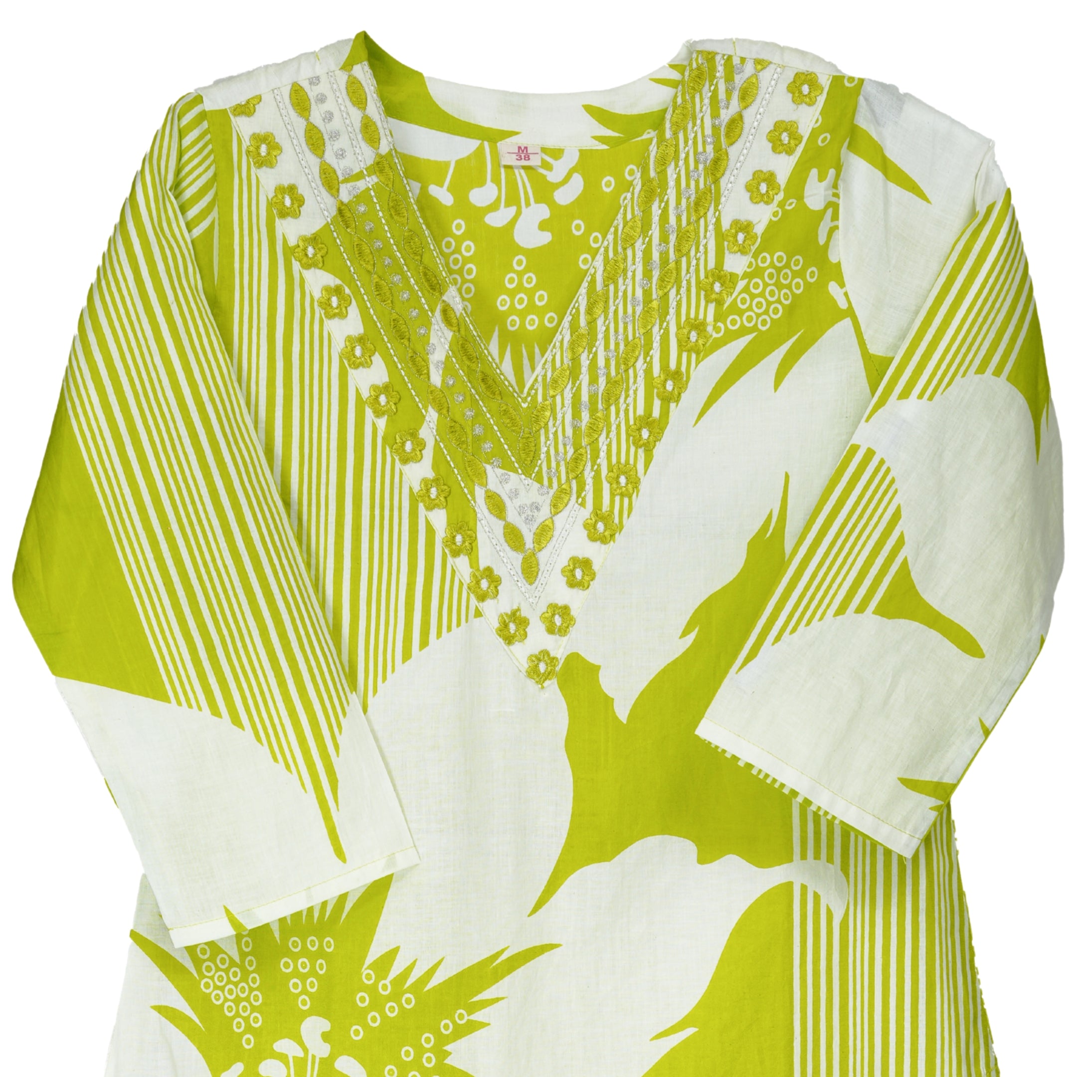 Vibrant Lime Green and White Handblock Floral Straight Suit Set with Soft cotton Dupatta