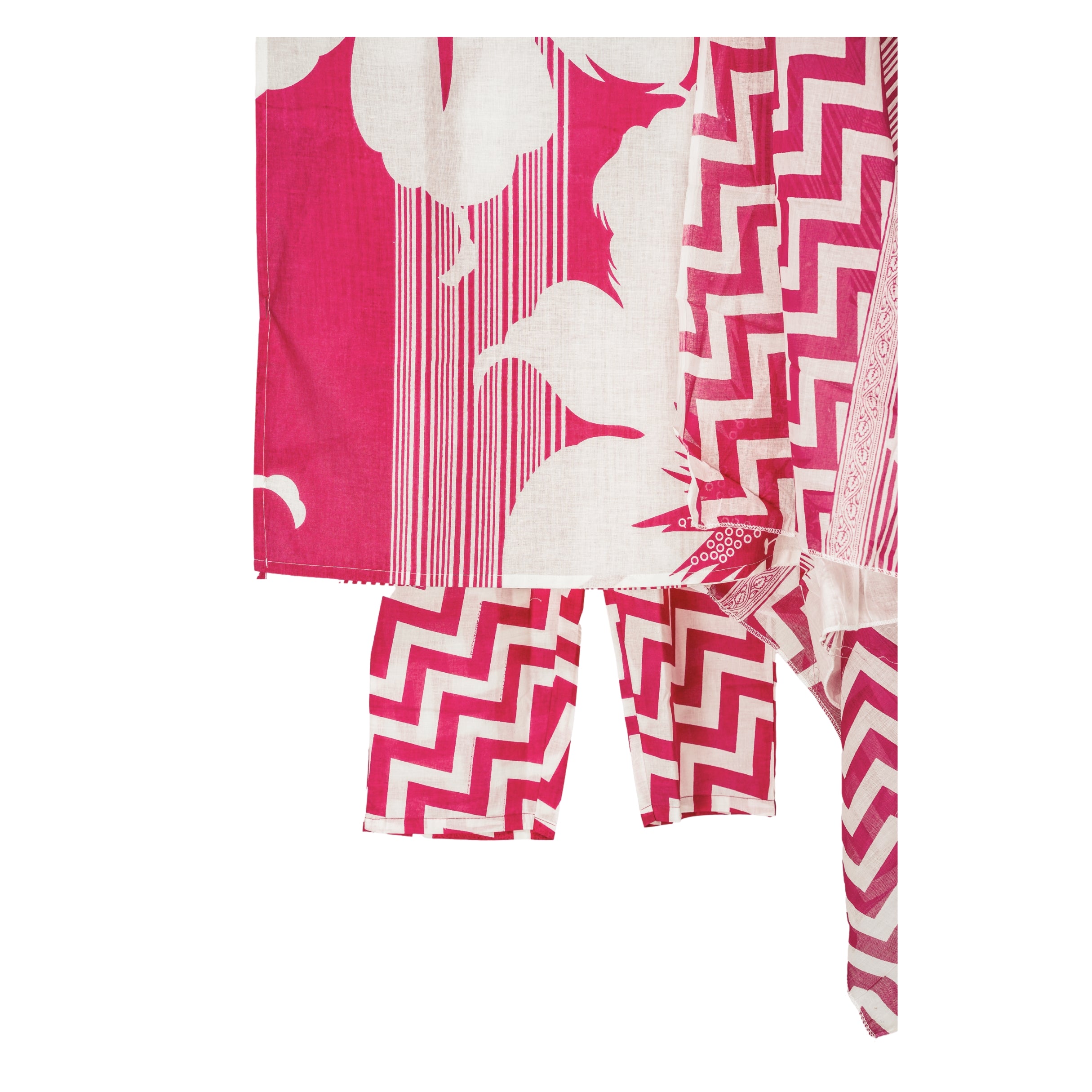 Bright Pink Handblock striped and floral motifs with Lightweight soft cotton Dupatta