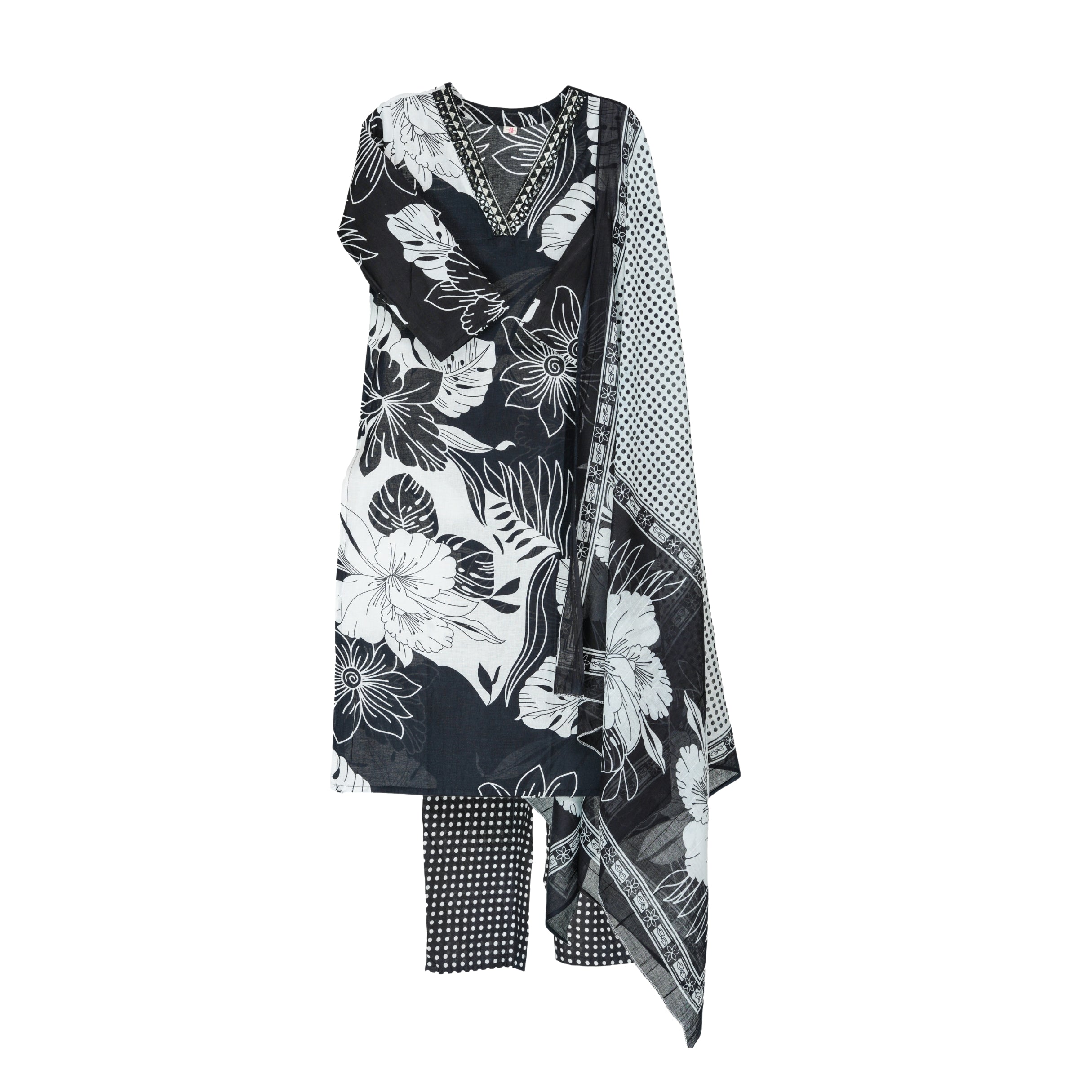 Classic Black and Ivory Handblock floral print Straight Suit Set with Cotton Dupatta