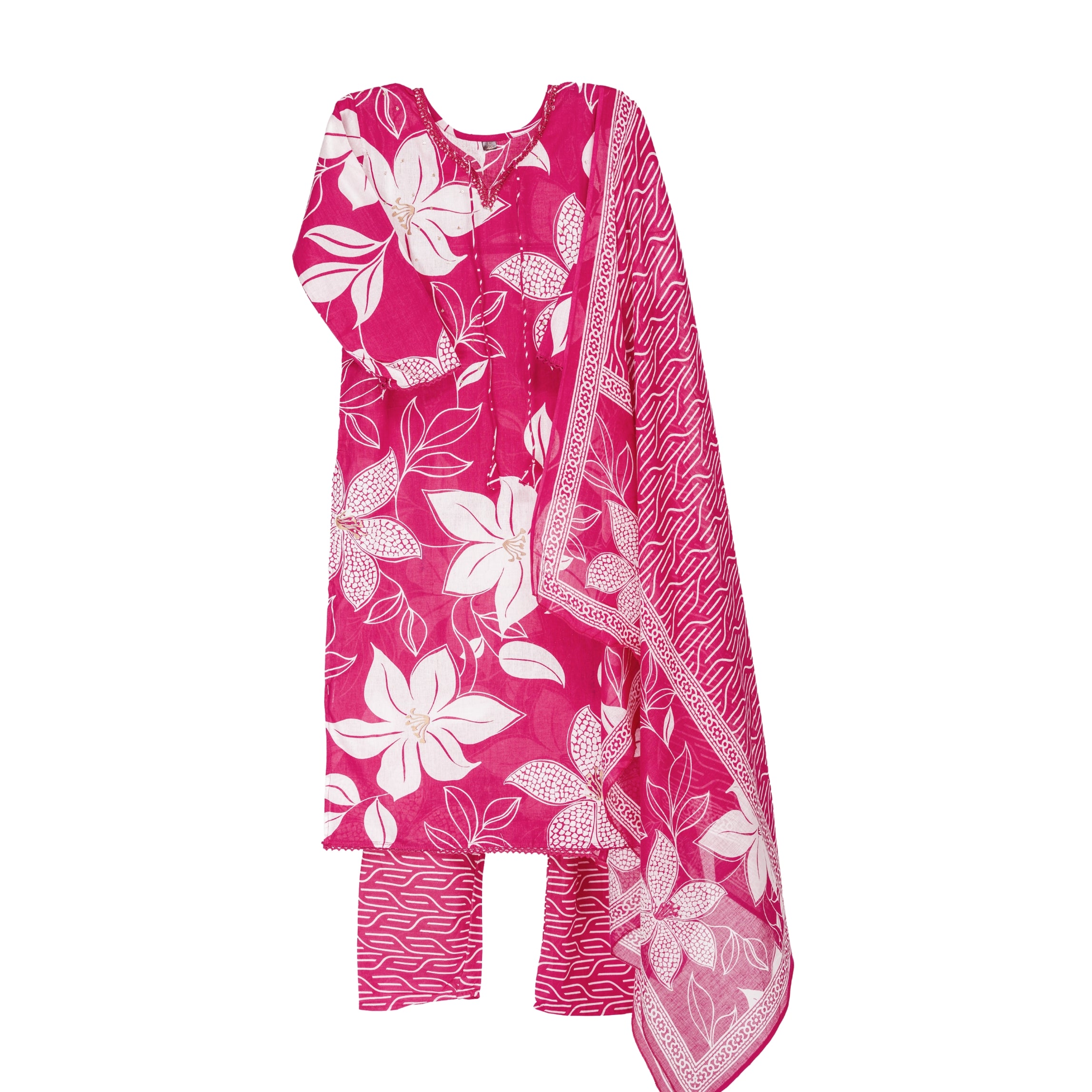 Bold Pink Handblock floral print Straight suit set with breezy cotton dupatta
