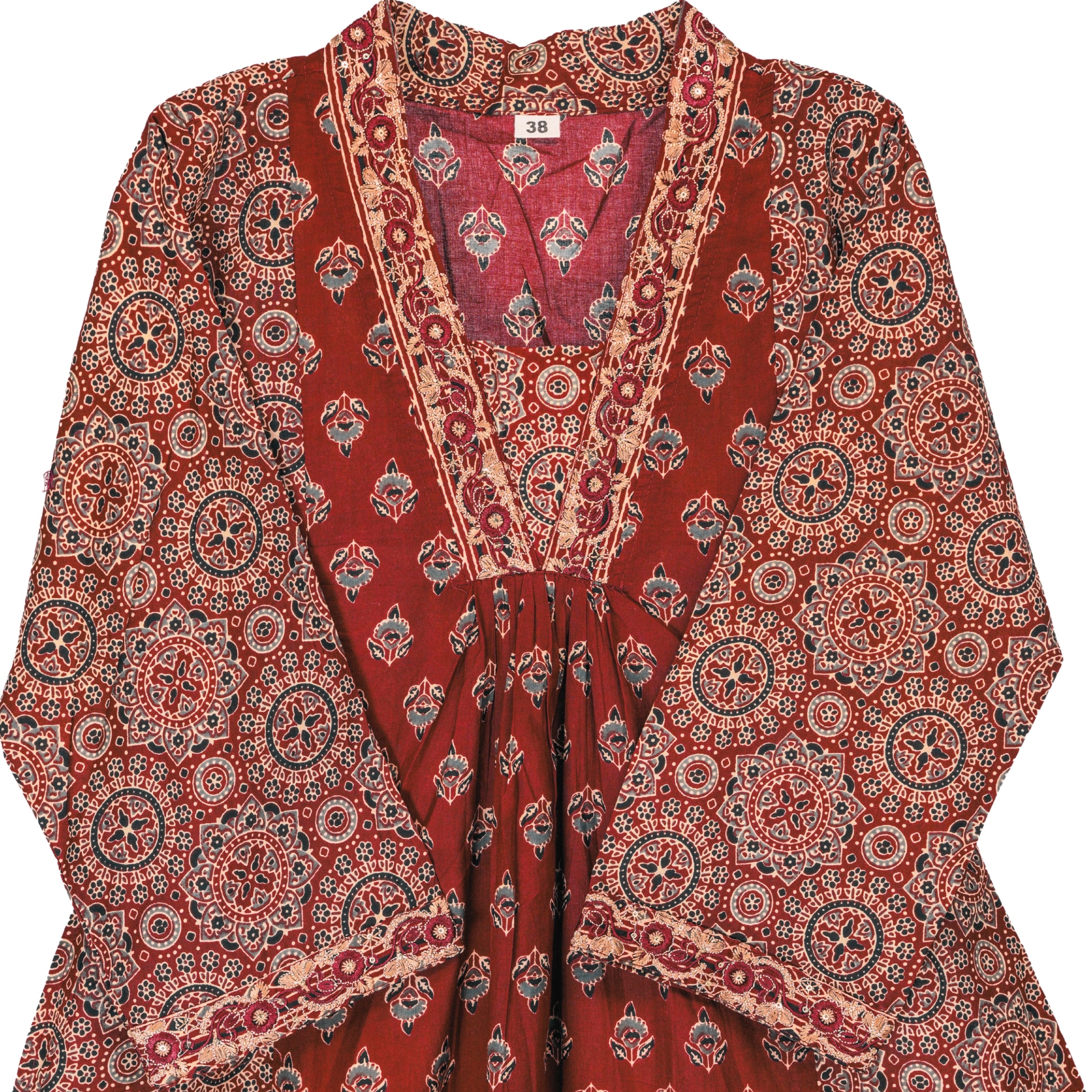 Rich Rust Red Hand Block Floral Print A-Line Kurta with Beige and Ebony Accents and Cotton Dupatta