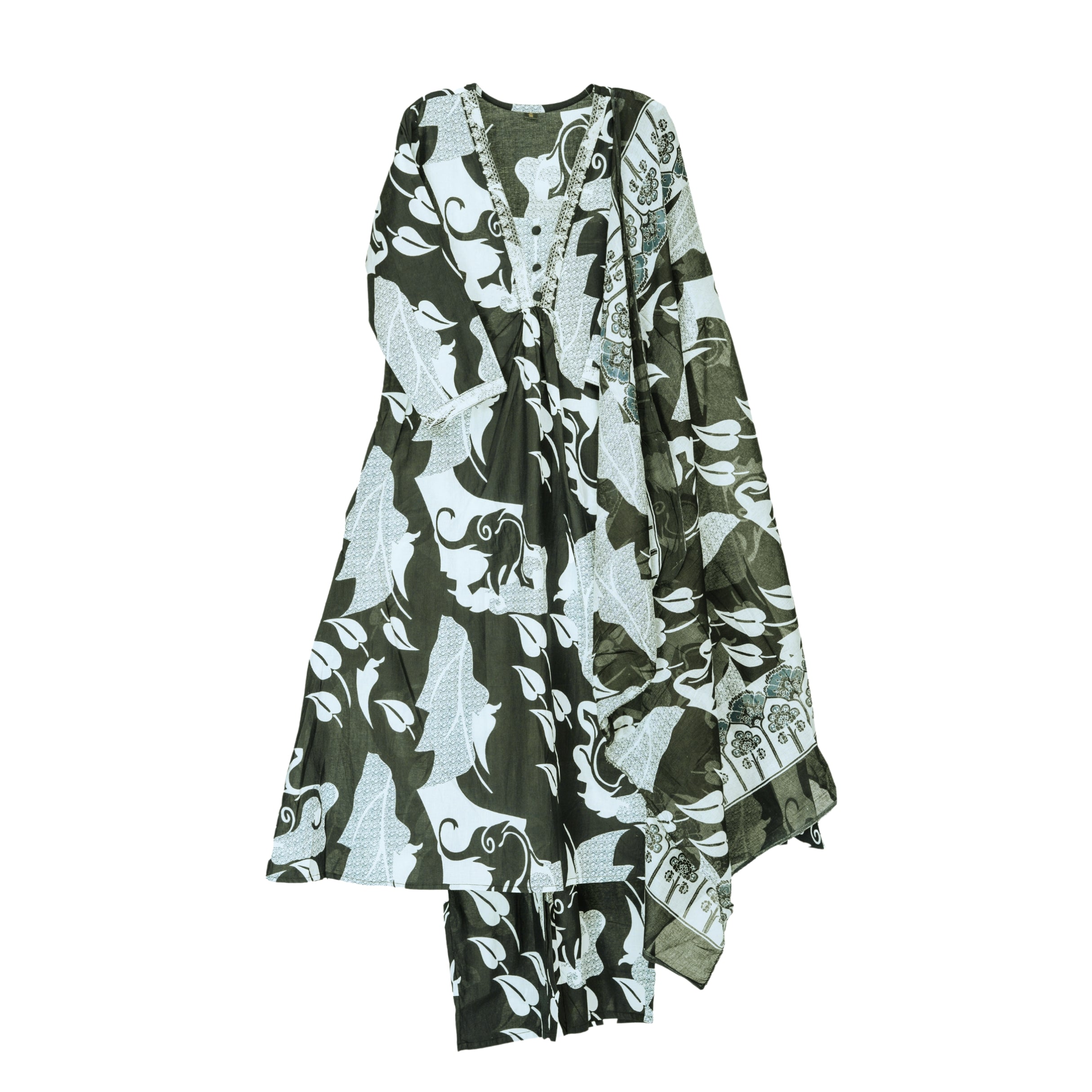 Olive Green & Pearl White Hand Block Floral Print A-Line Kurta with Lightweight cotton dupatta