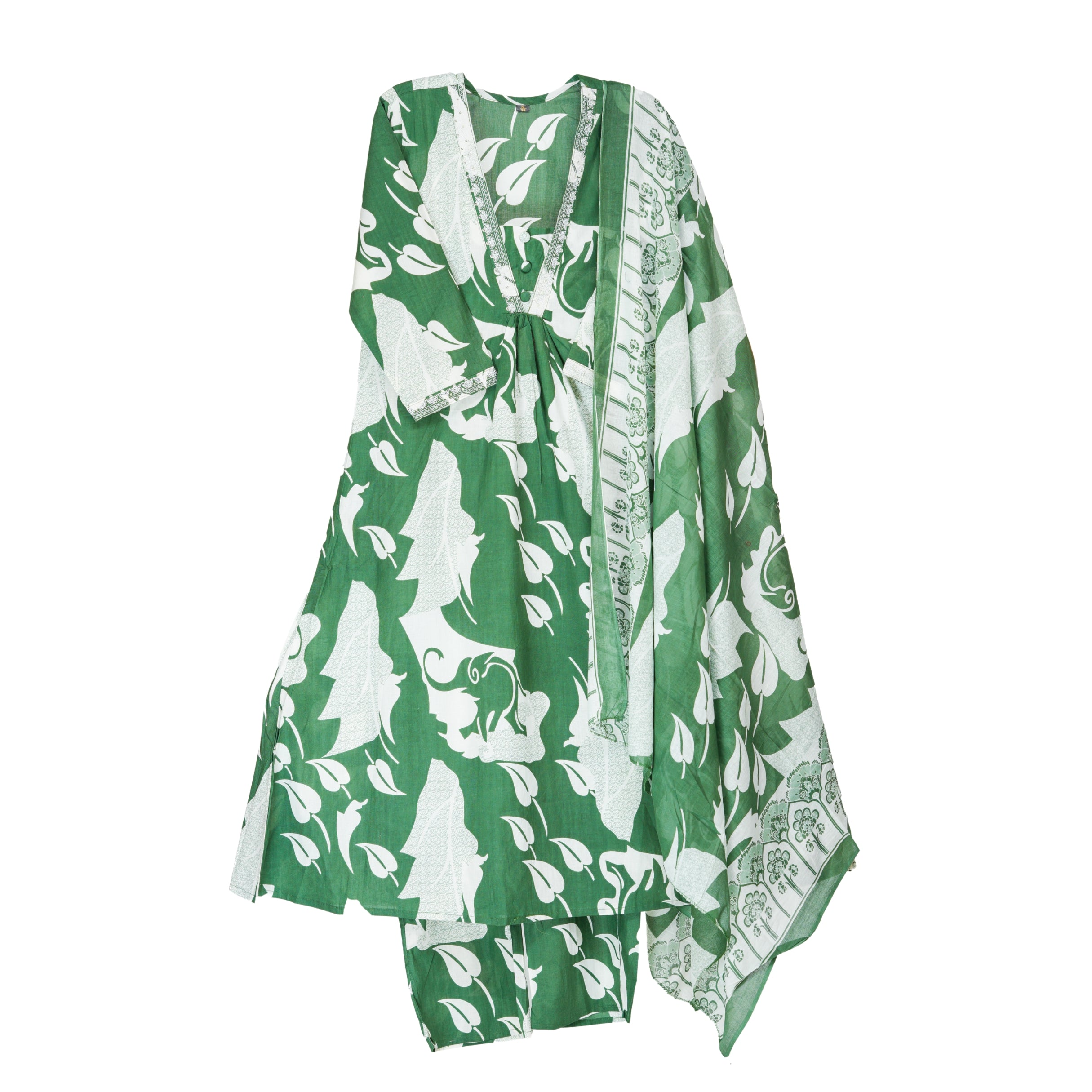 Verdant Green Hand Block Floral Print A-Line Kurta with cotton Dupatta