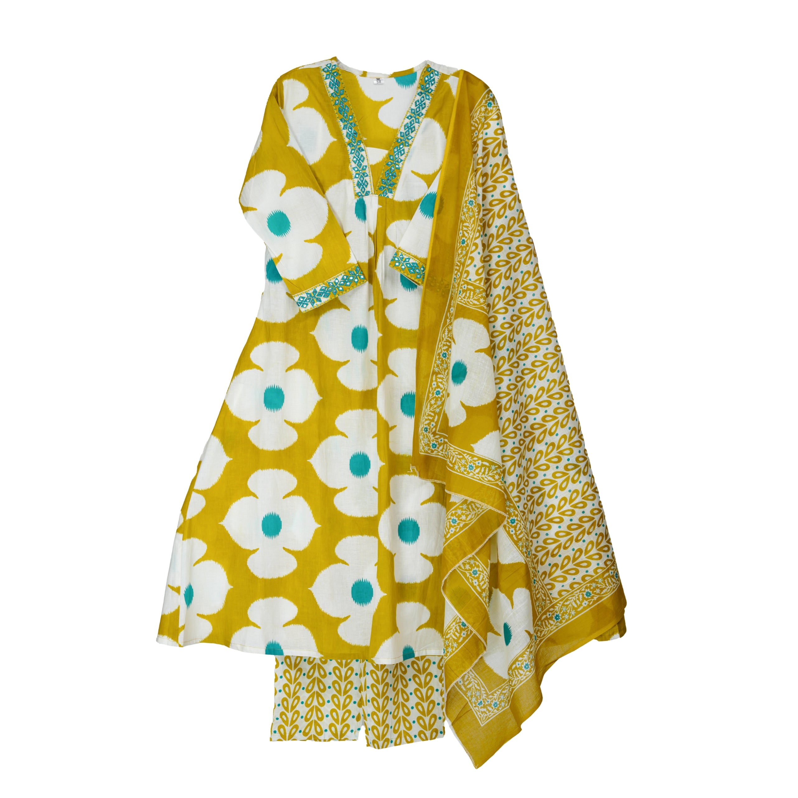 Mustard Yellow Floral Handblock Print A-Line Kurta with Cotton Dupatta