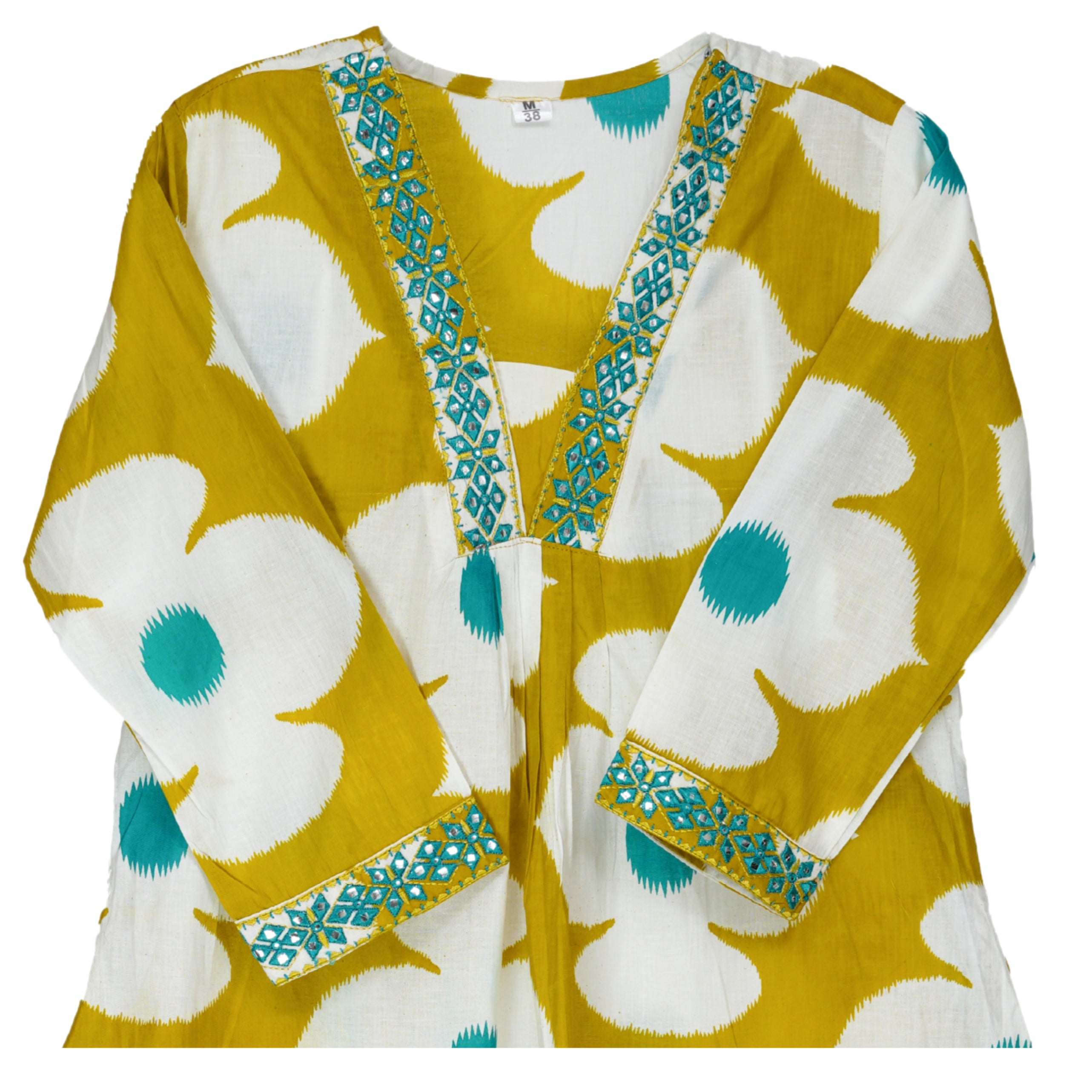 Mustard Yellow Floral Handblock Print A-Line Kurta with Cotton Dupatta