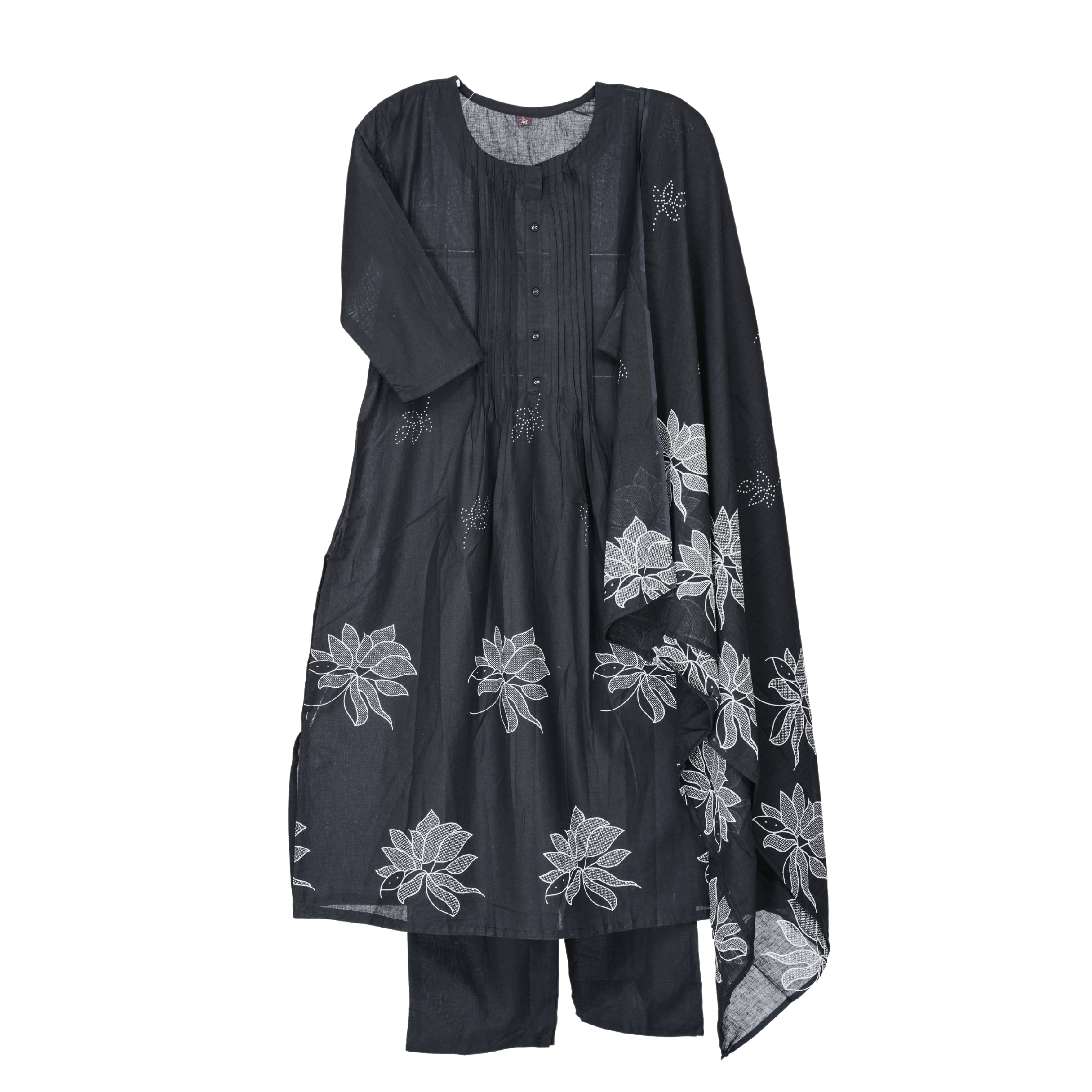 Black and White Hand Block Floral Print A-Line Kurta with Soft Cotton Dupatta