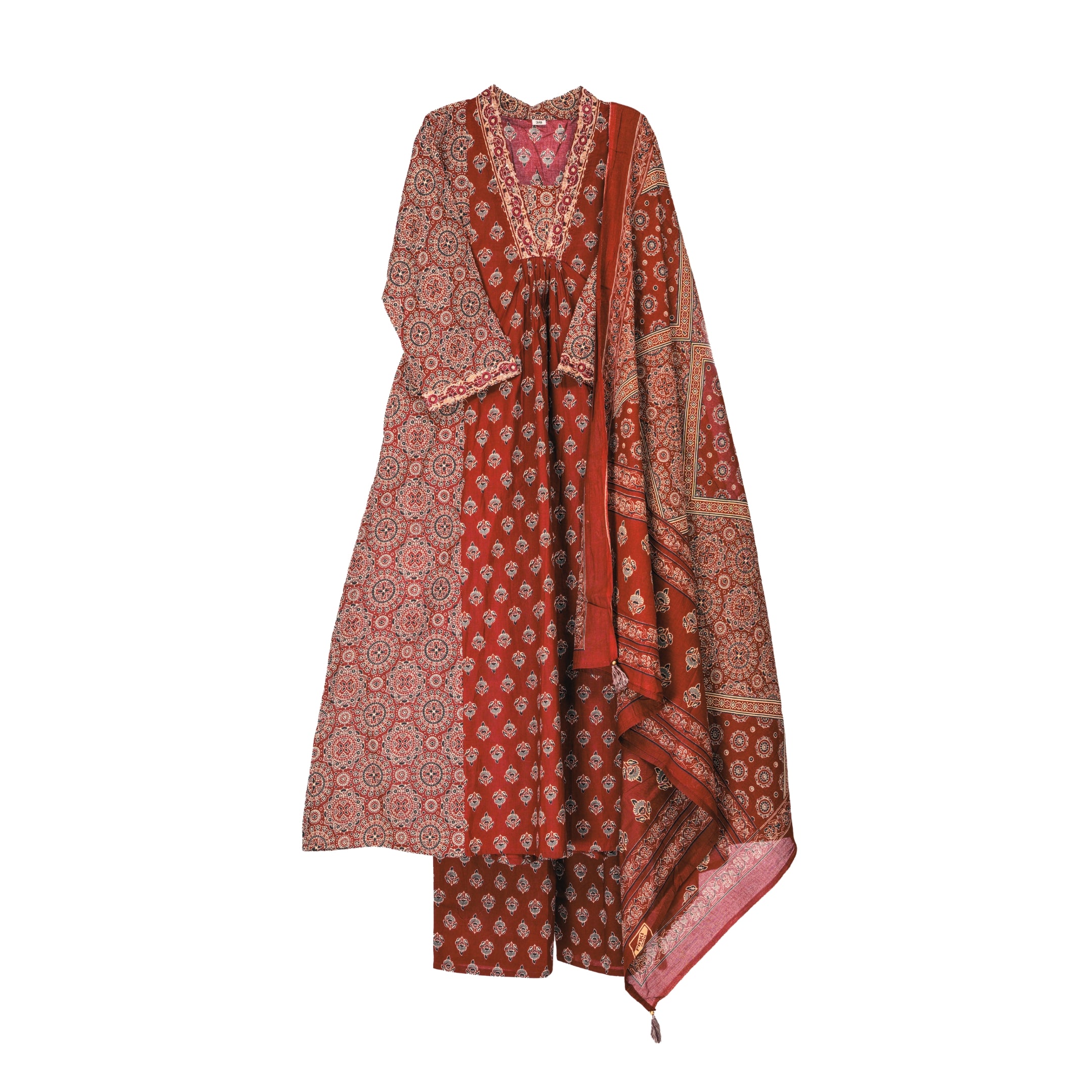 Rich Rust Red Hand Block Floral Print A-Line Kurta with Beige and Ebony Accents and Cotton Dupatta