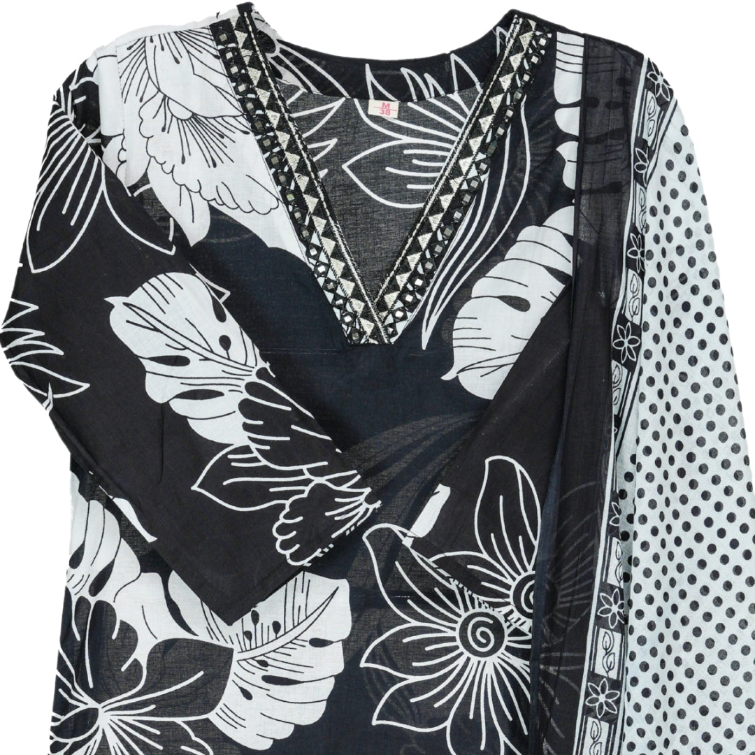 Classic Black and Ivory Handblock floral print Straight Suit Set with Cotton Dupatta