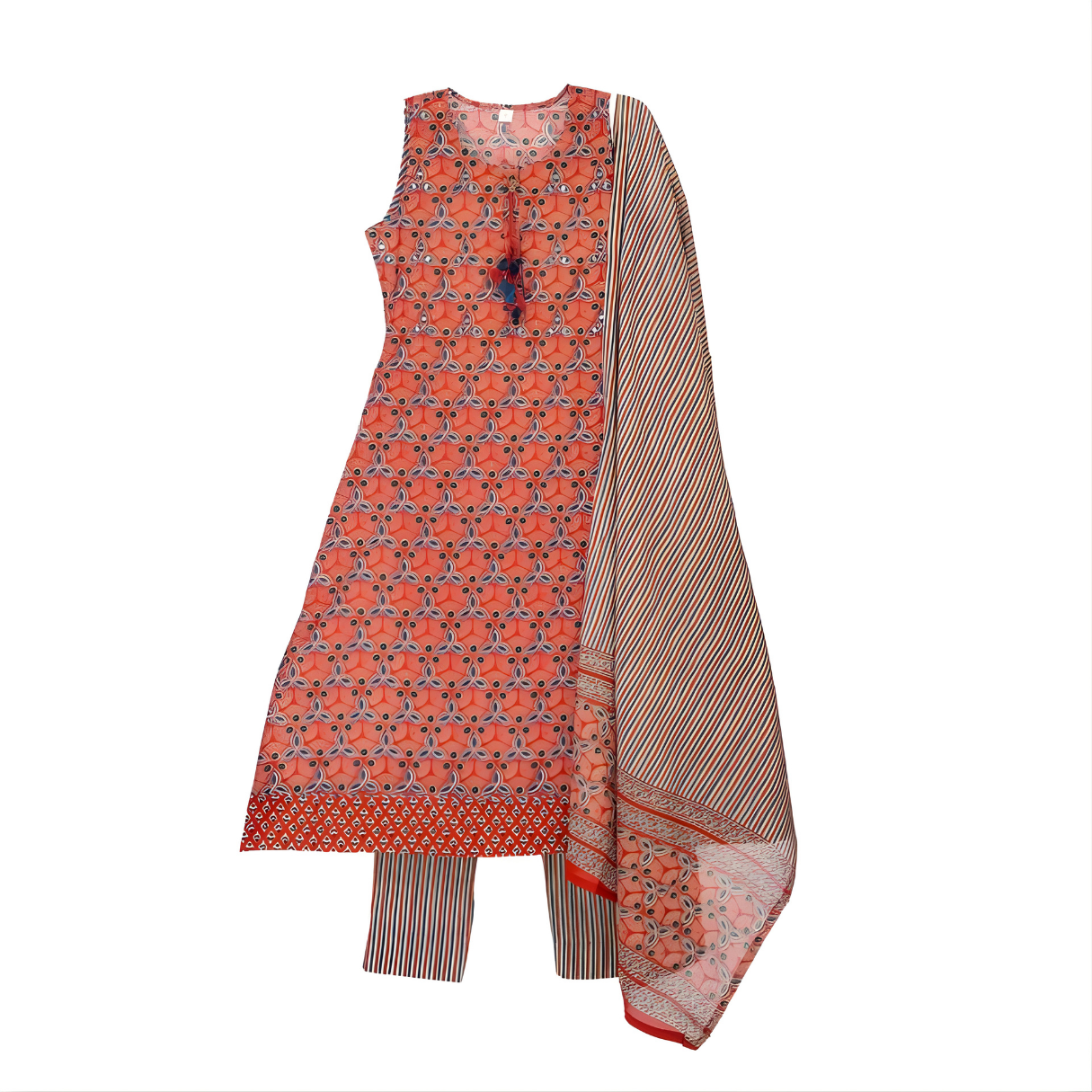 Burnt Sienna & Midnight Navy Hand Block Floral Print A-Line Kurta with Cotton Dupatta