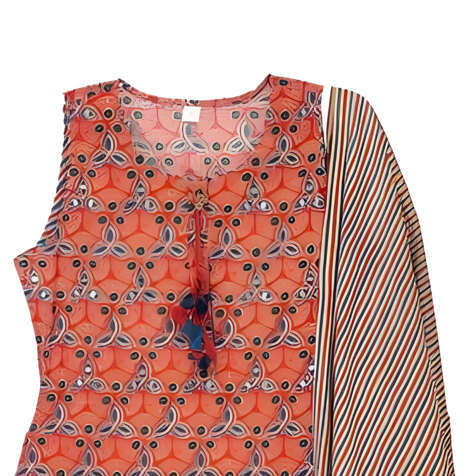 Burnt Sienna & Midnight Navy Hand Block Floral Print A-Line Kurta with Cotton Dupatta