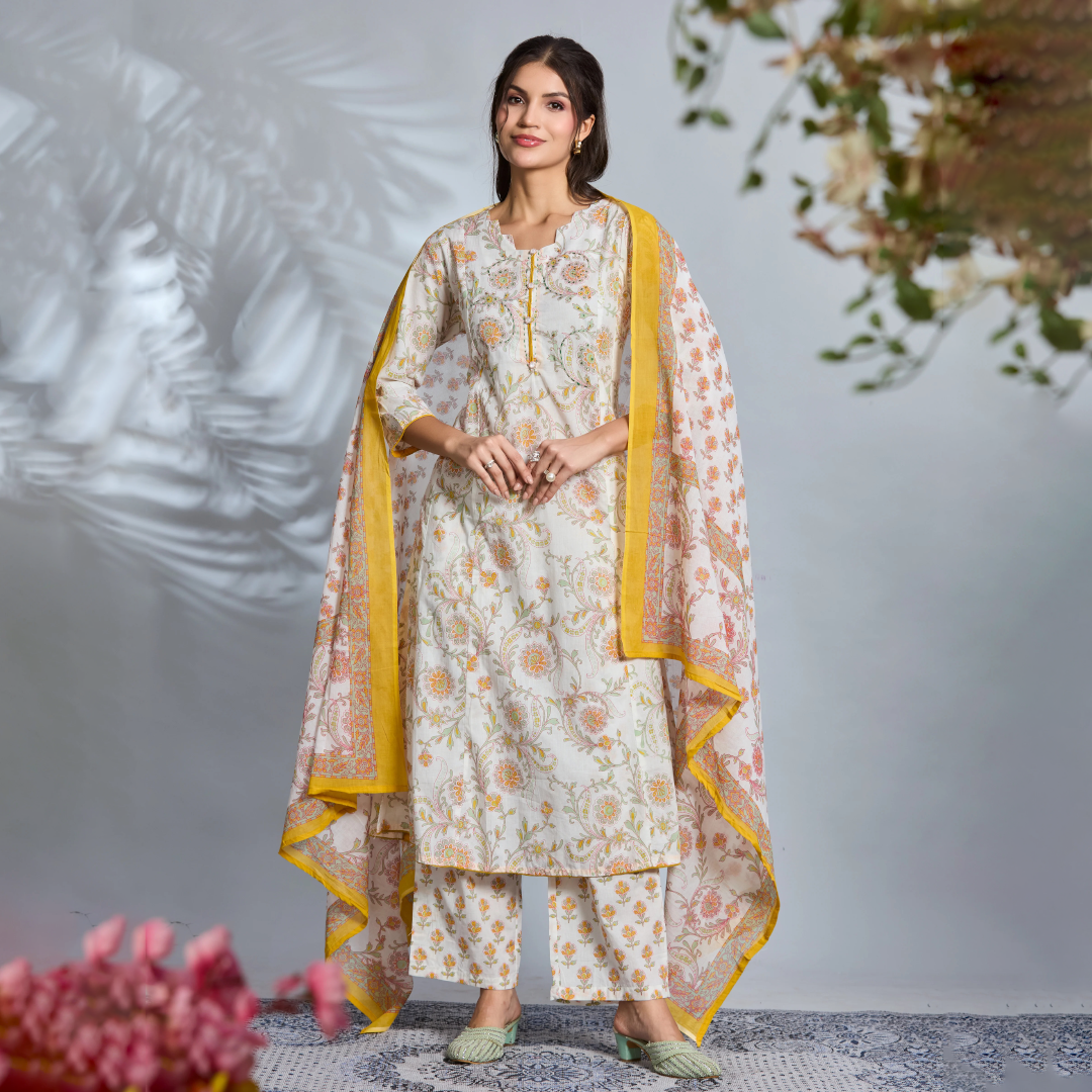 Sunny Bloom A-Line Suit Set with Yellow Floral Block Prints in Pure Cotton with Dupatta