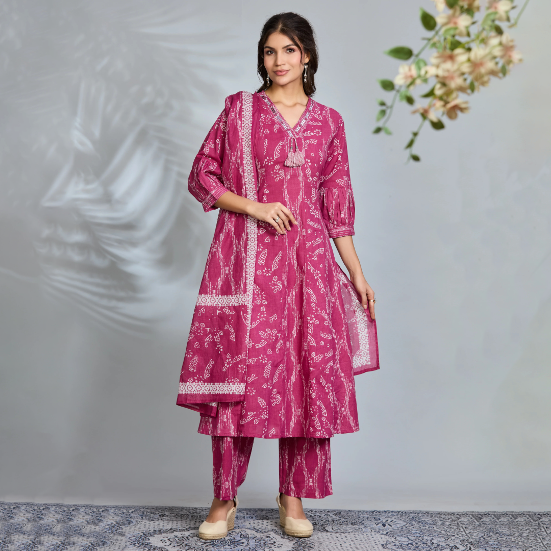 Rouge Pink Elegance A-Line Suit Set with Ivory Accents & Cotton Dupatta