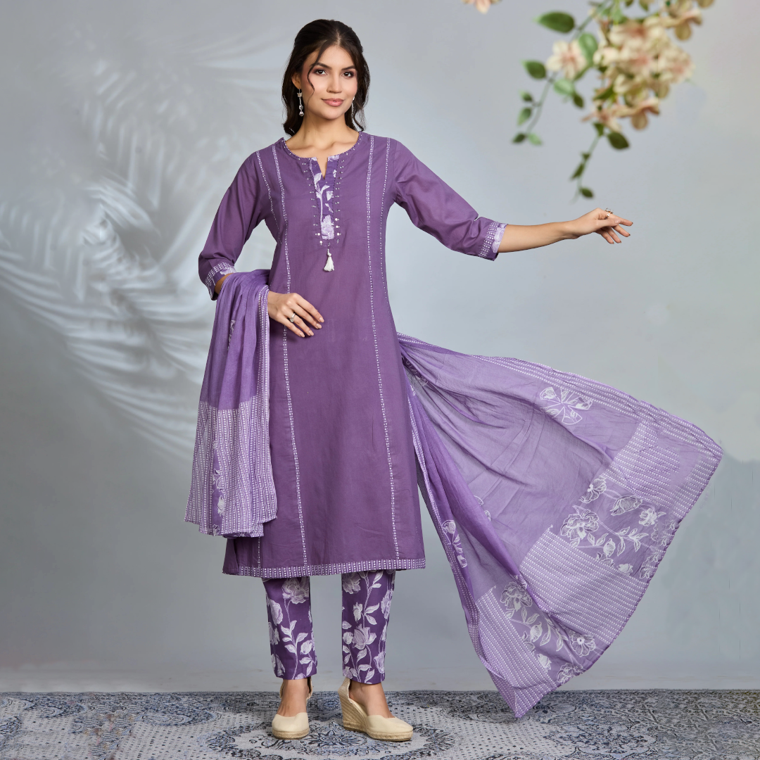 Lilac Garden A-Line Suit Set with Floral Block Prints and Cotton Dupatta