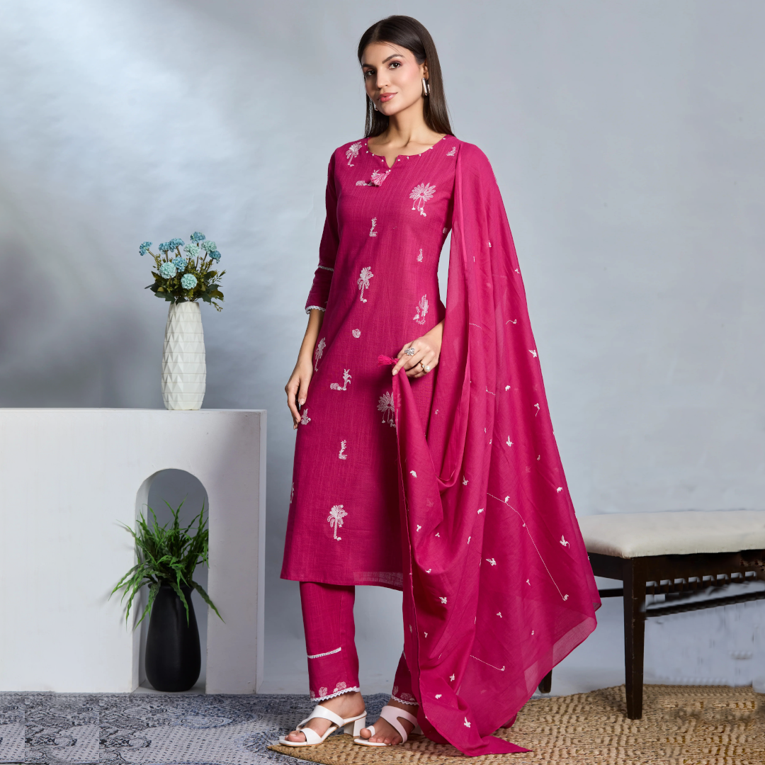 Bold Pink Elegance Straight Suit Set with White Embroidery & Slub Cotton Dupatta