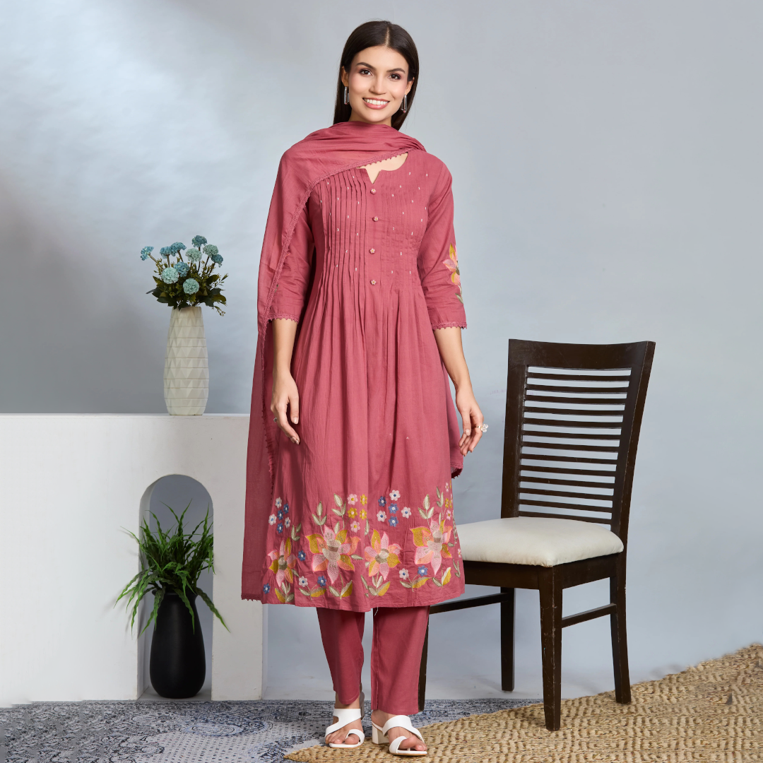 Dusty Pink Grace A-Line Suit Set with Multicolour Embroidered Details & Cotton Dupatta