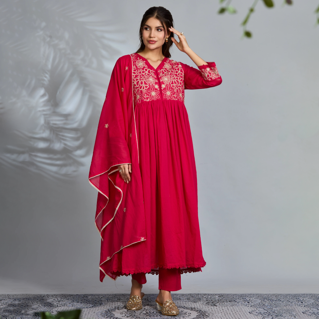 Rani Elegance Anarkali Suit Set with Ivory Embroidery Accents in Pure Cotton with Dupatta