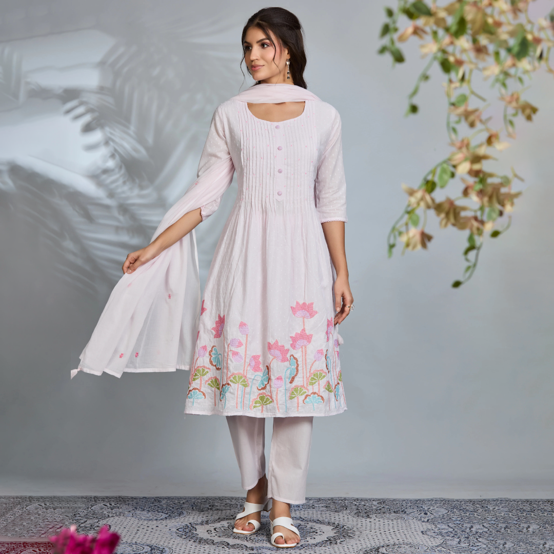 Pastel Pink Elegance A-Line Suit Set with Multicolour Waterlily Embroidered Details & Cotton Dupatta