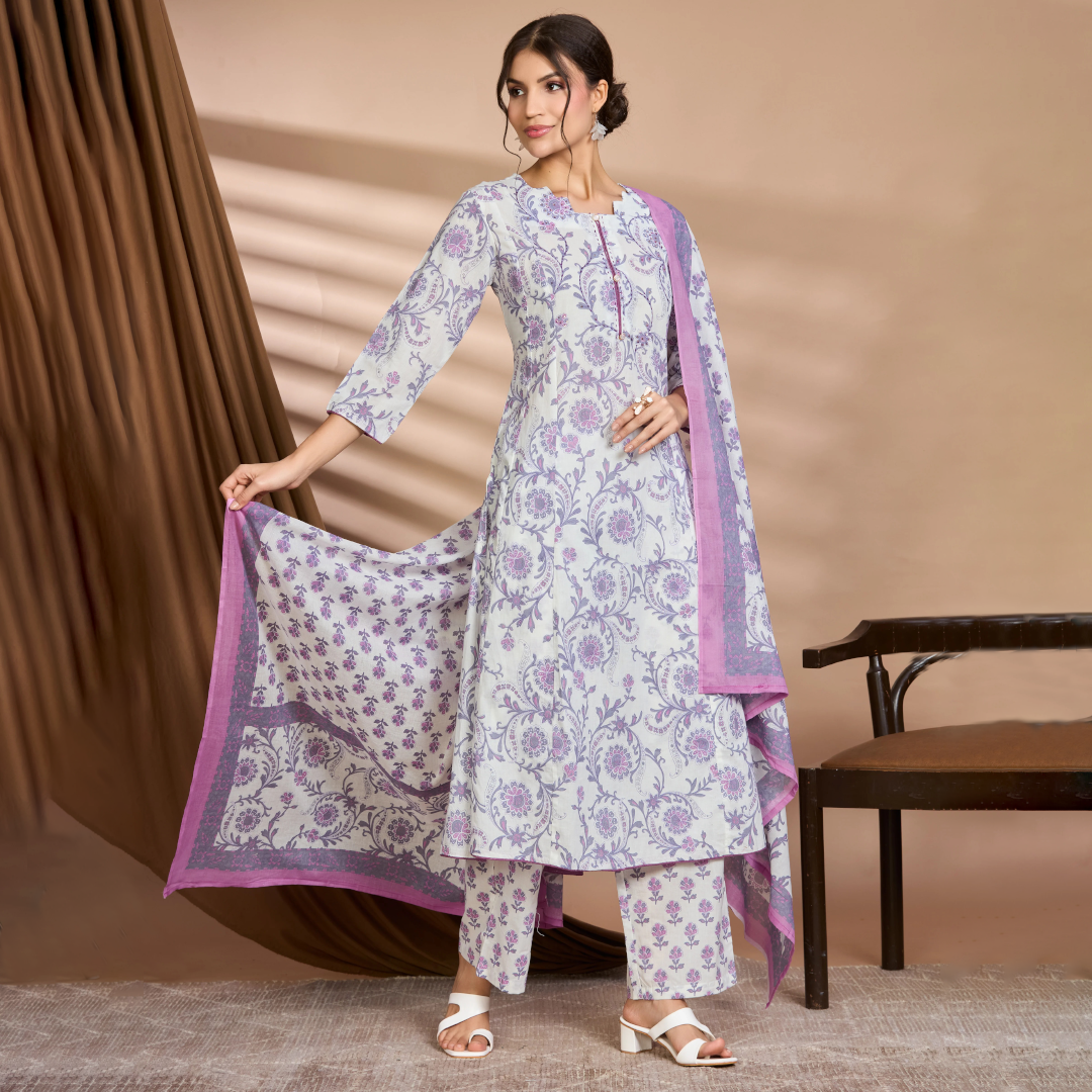 Lilac Bloom A-Line Suit Set with Ivory Base & Lilac Floral Block Prints with Cotton Dupatta