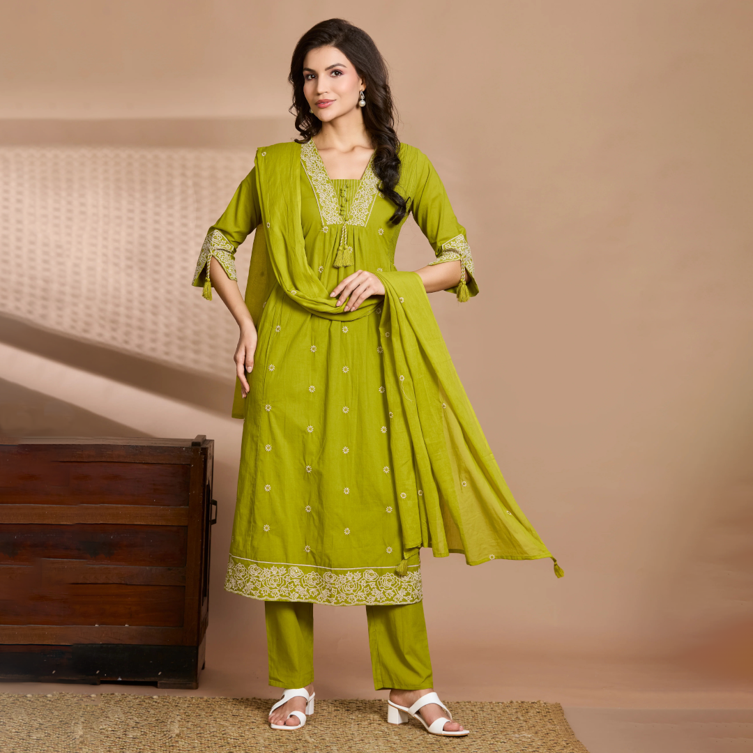 Mehendi Green A-Line Suit Set with Ivory Embroidered Details with Cotton Dupatta