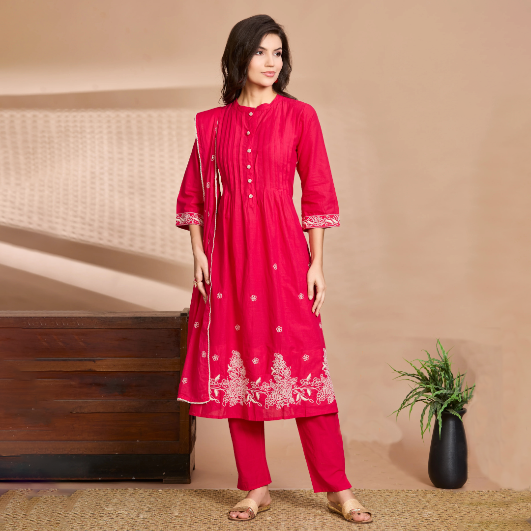 Fuchsia Elegance A-Line Suit Set with Ivory Embroidered Details & Cotton Dupatta