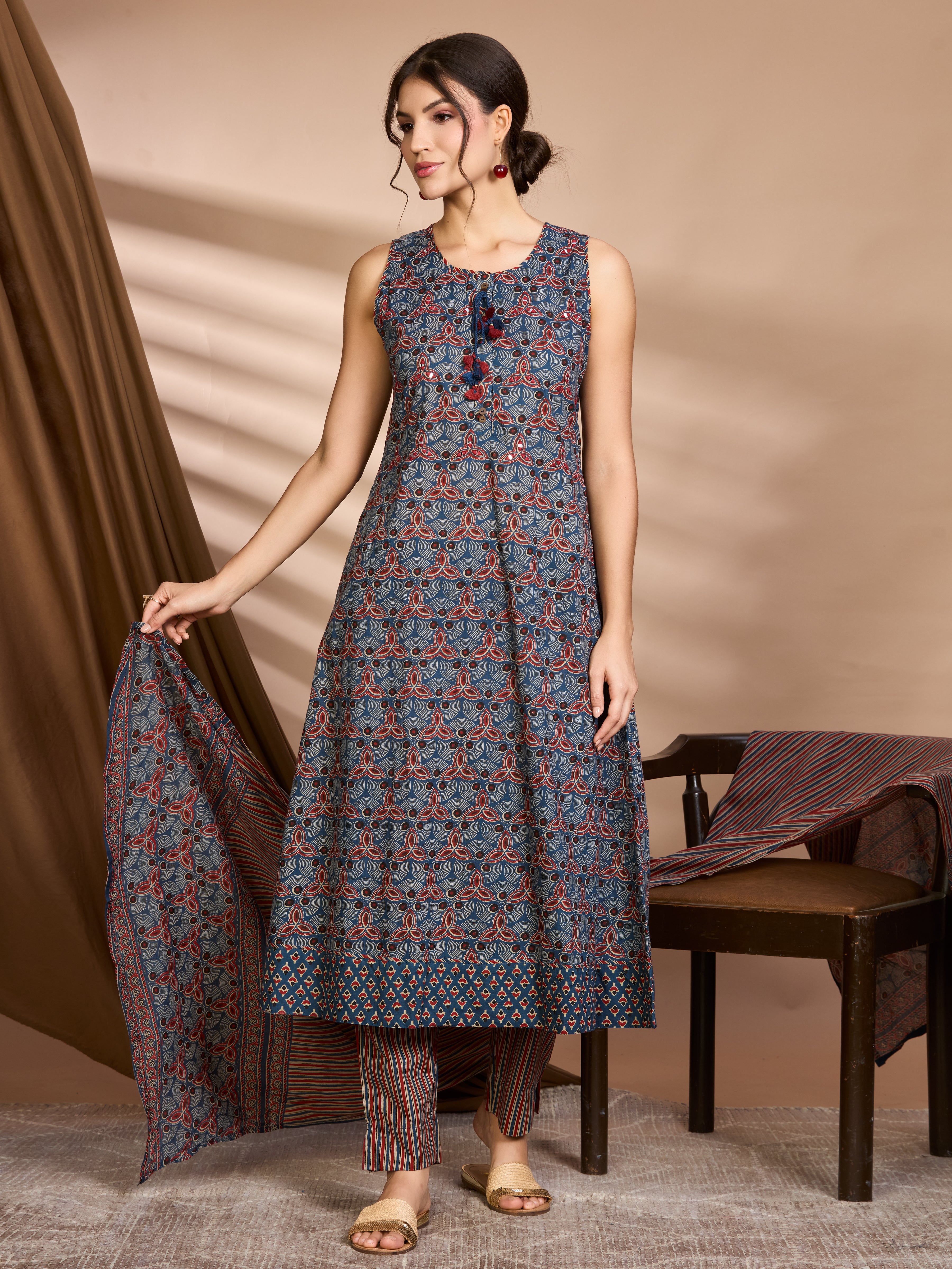 Midnight Indigo & Rust Hand Block Floral Print A-Line Kurta with Cotton Dupatta