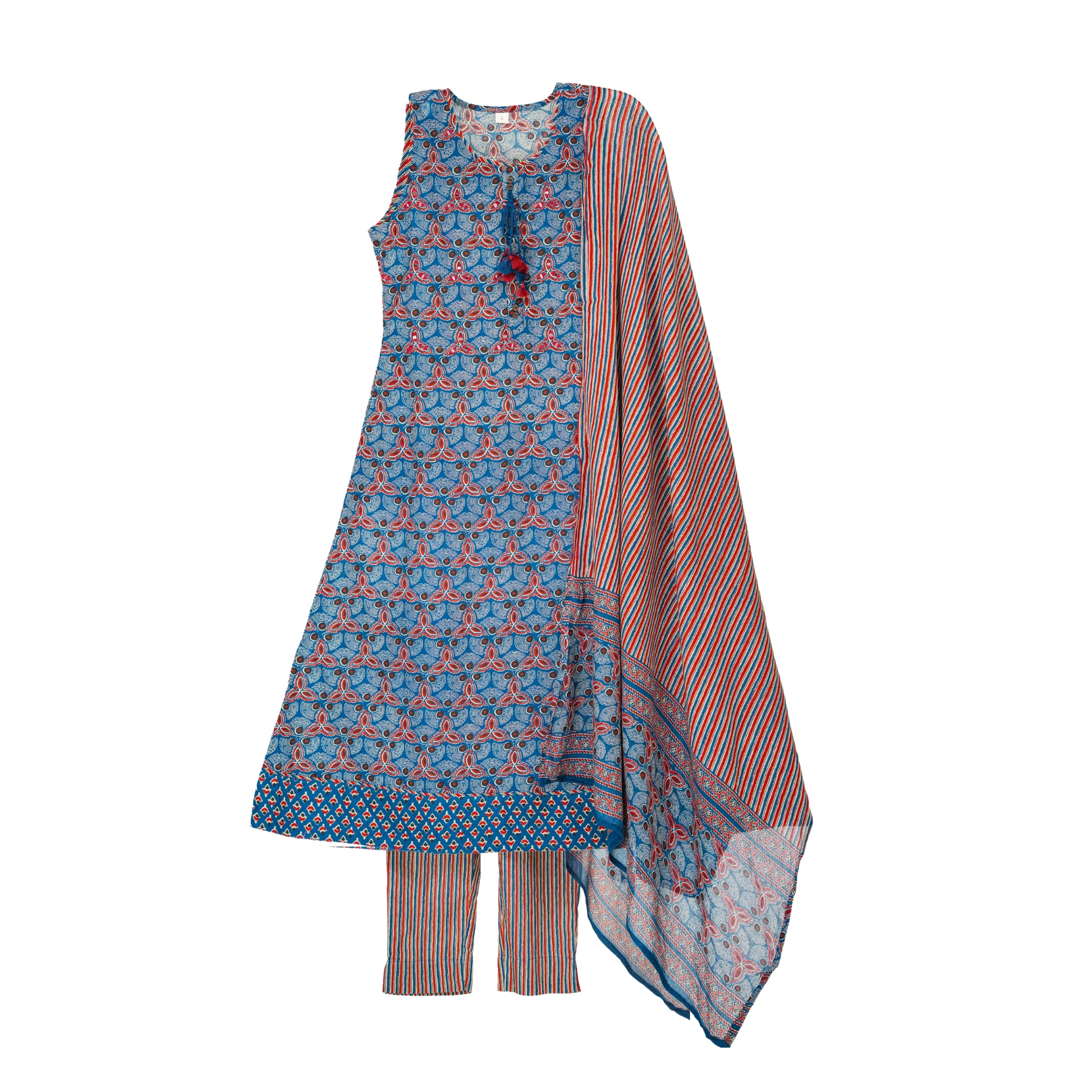 Midnight Indigo & Rust Hand Block Floral Print A-Line Kurta with Cotton Dupatta